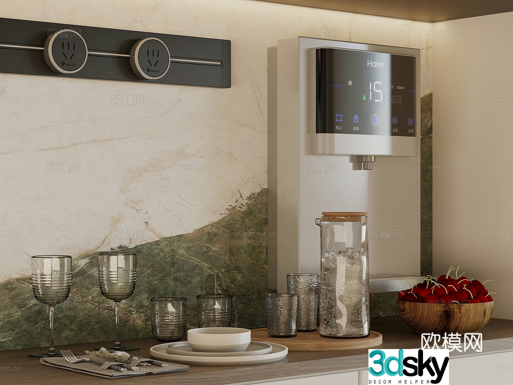 Glass Wine Glass Plate Tableware Wall-mounted Water Dispenser Ornaments Dining Table Ornaments 3D Model