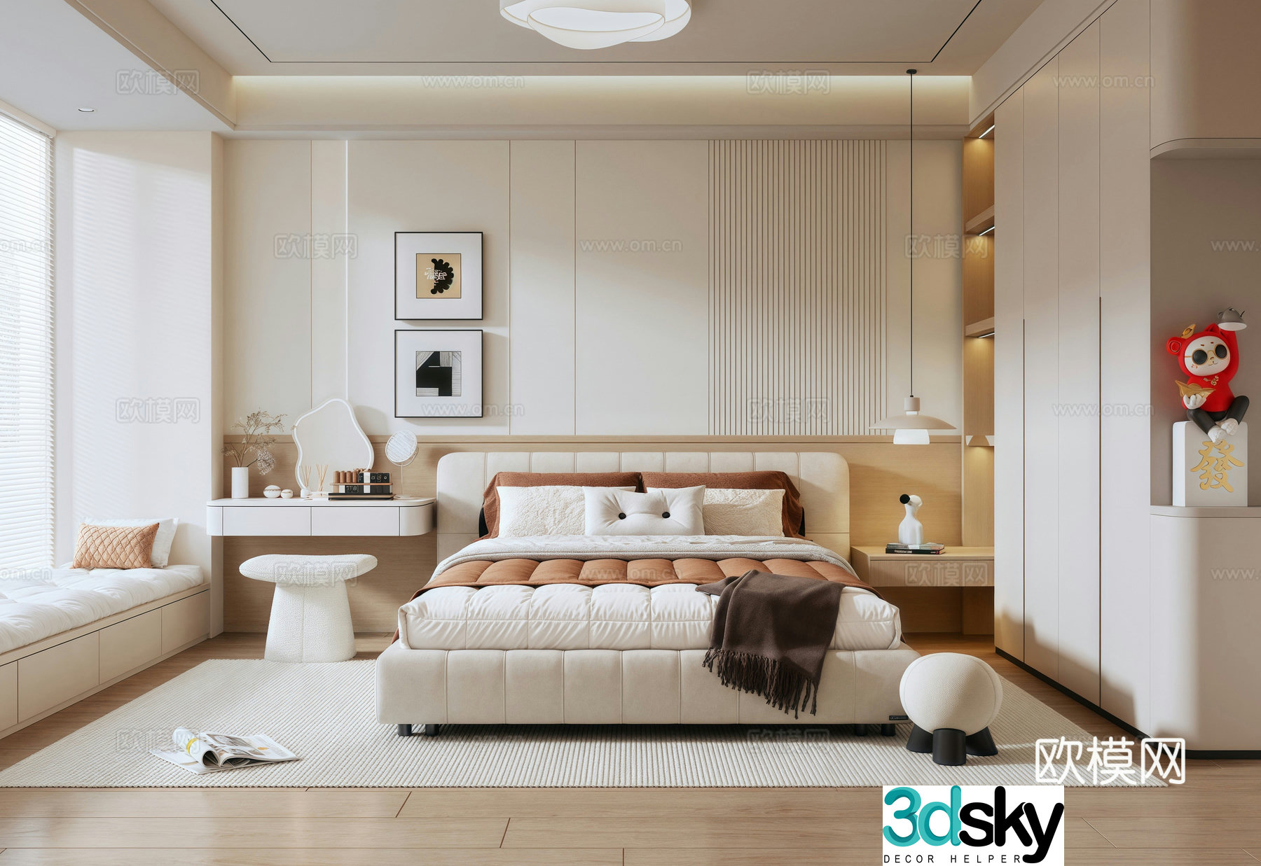 Modern minimalist Italian home bedroom wardrobe ceiling light double bed decorative painting bay window cushion 3D model