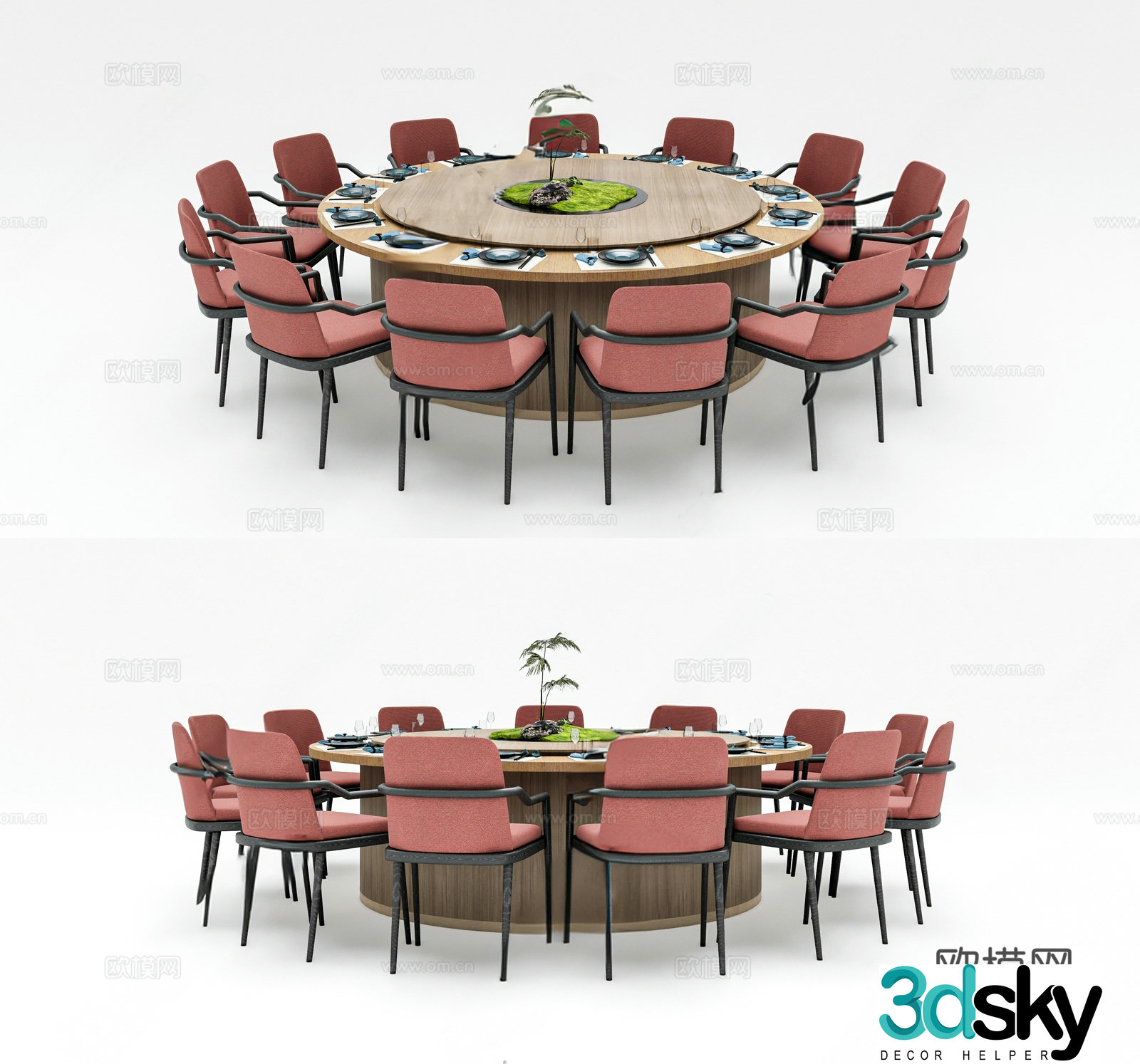 Round dining table and chairs large dining table private dining table and chairs tableware 3D model