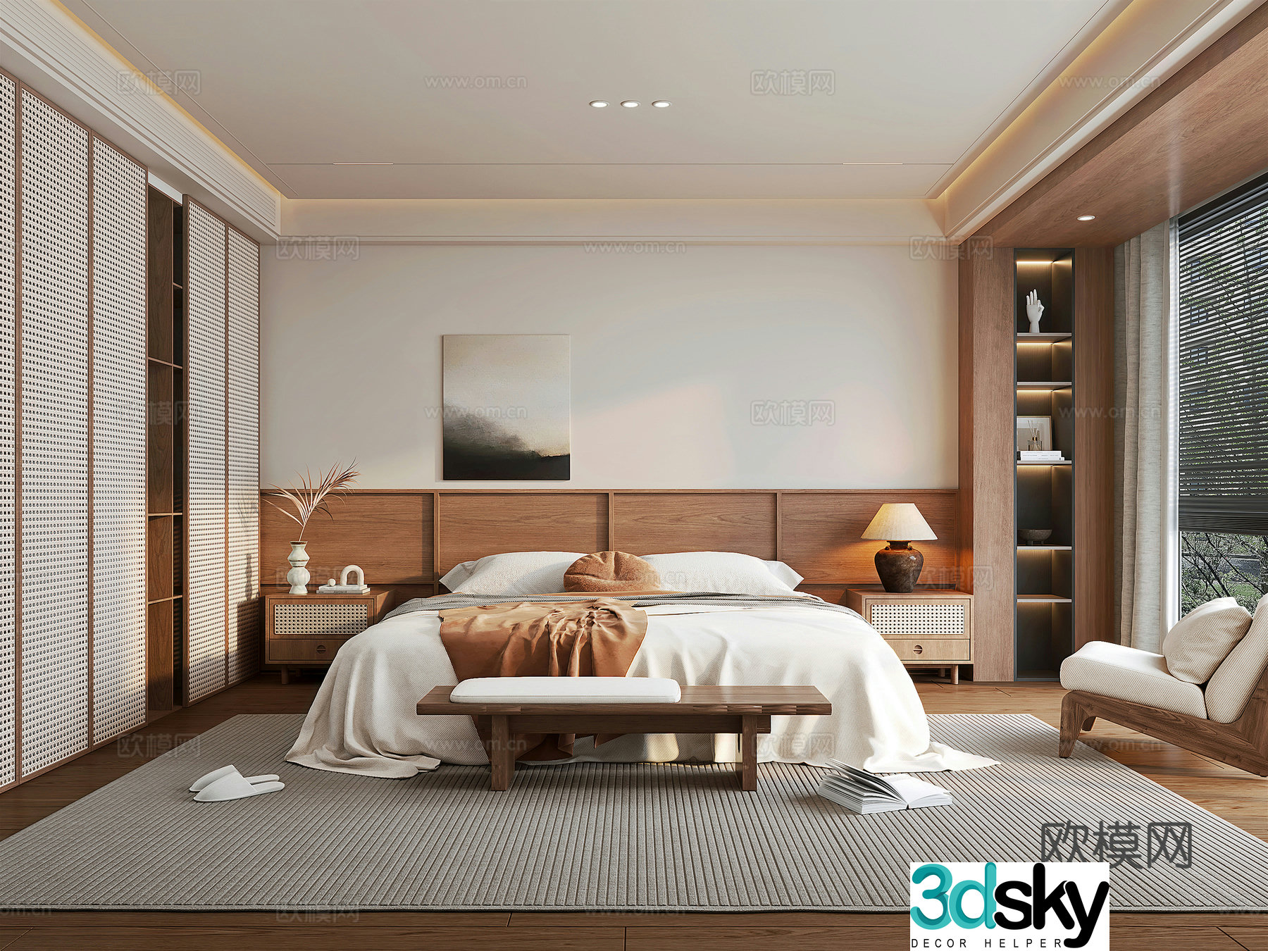 Wasabi Home Bedroom Wasabi Style Fabric Double Bed Rattan Wardrobe Bedside Table Leisure Chair Wasabi 3D Model