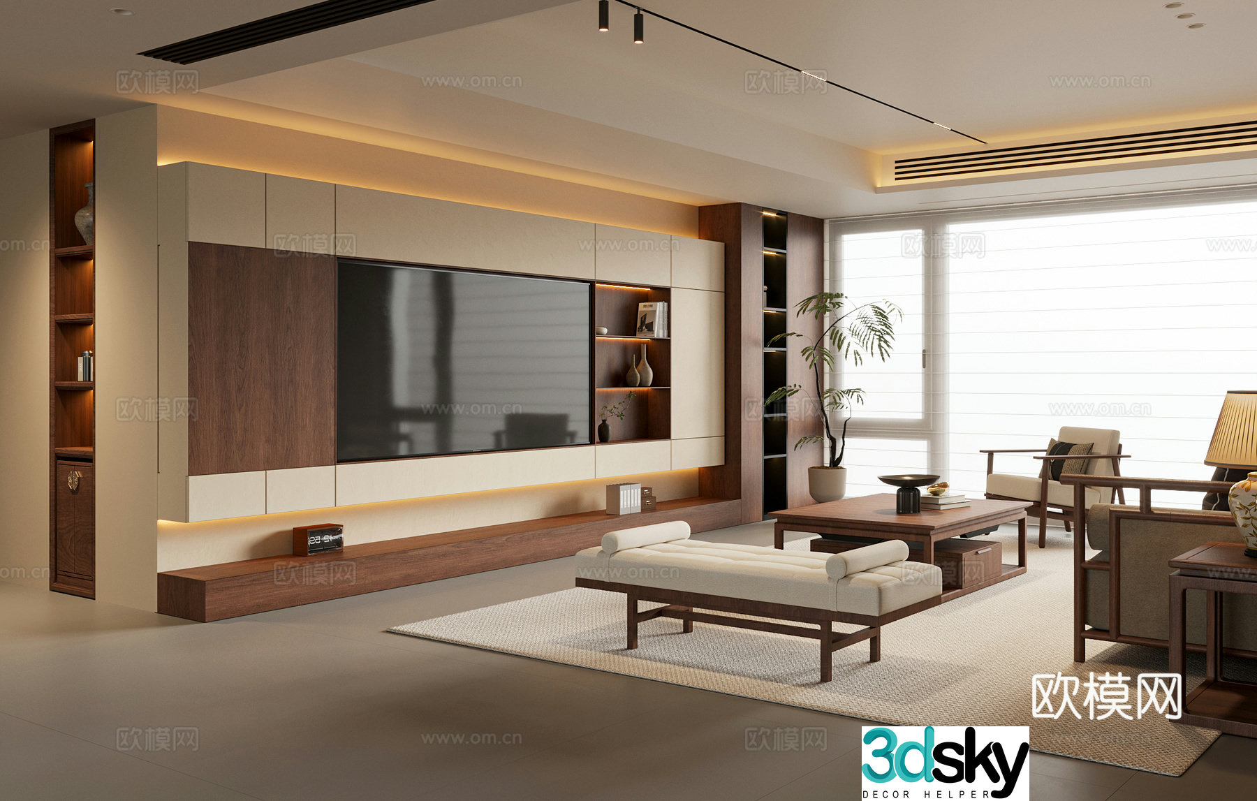 New Chinese style Chinese living room Song style living room Sofa coffee table combination TV cabinet Leisure chair 3D model