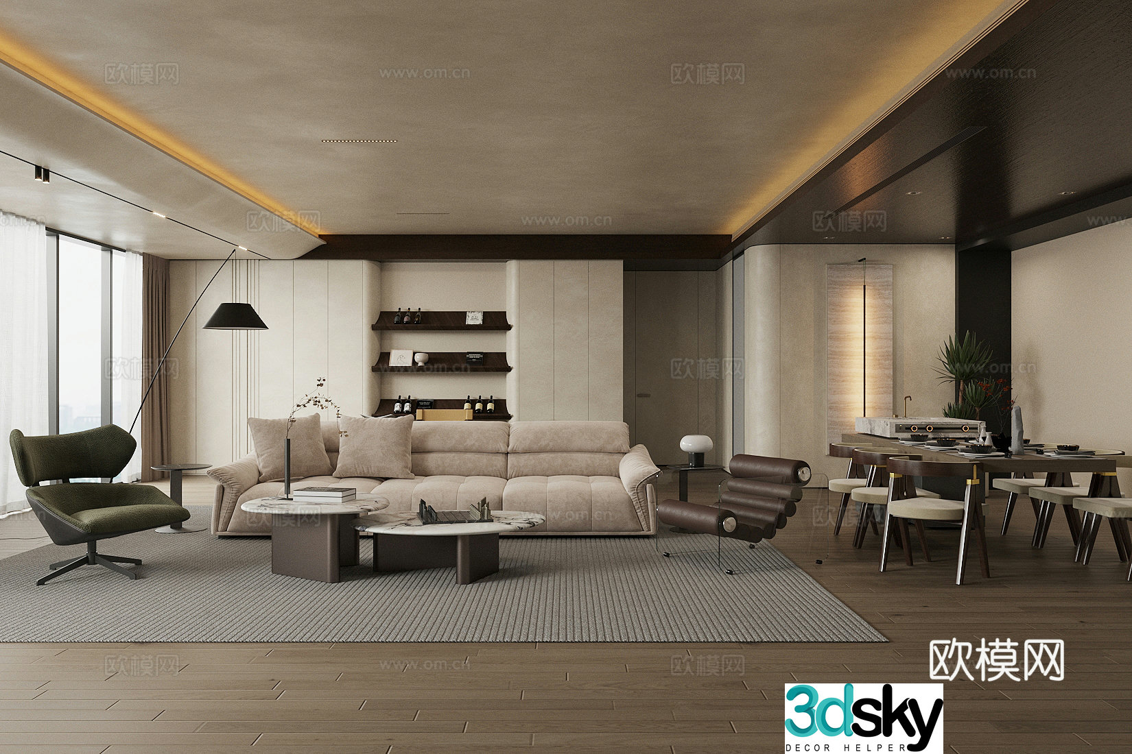 Modern home living room large living room integrated design of living room and dining large flat floor design 3D model