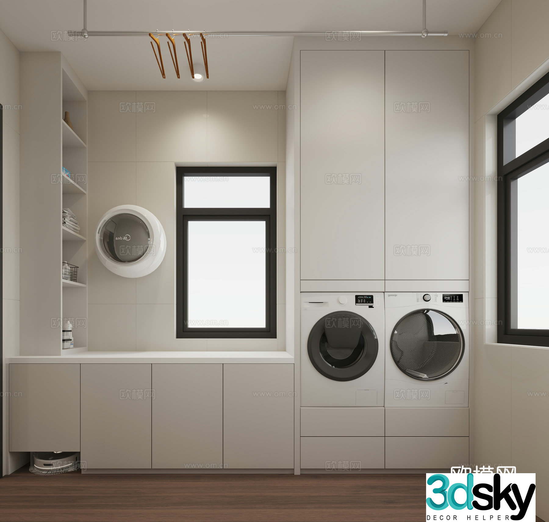 Full set of laundry room washing machine dryer wall-mounted small washing machine sweeper clothes drying rack 3D model