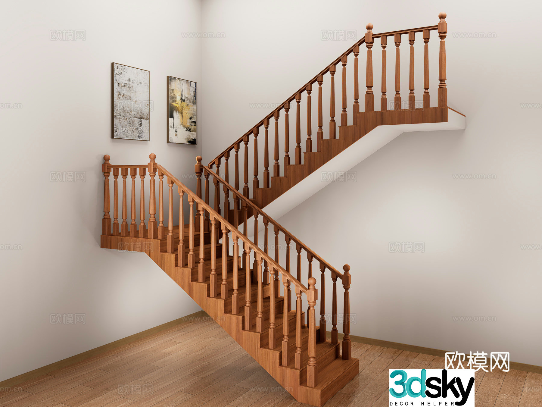 New Chinese style wooden handrail staircase corner staircase New Chinese style handrail staircase Solid wood staircase Wood 3D model