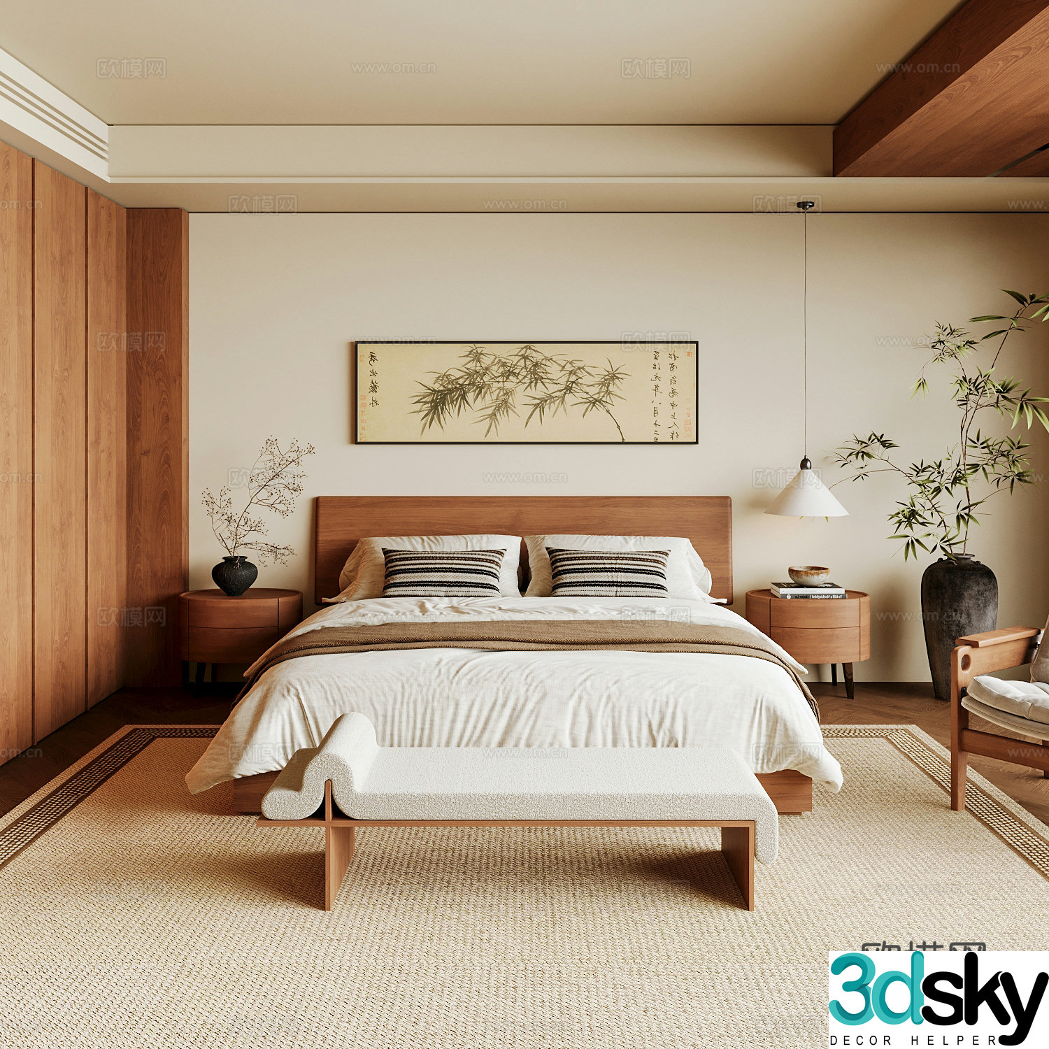 New Chinese style home bedroom Song family aesthetic bedroom Song style bedroom New Chinese style double bed New Chinese 3D model