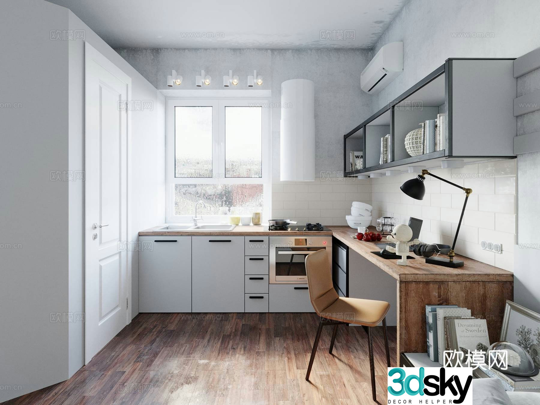 Modern apartment Minimalist apartment Foreign apartment Desk and chair Open kitchen Desk accessories 3d model