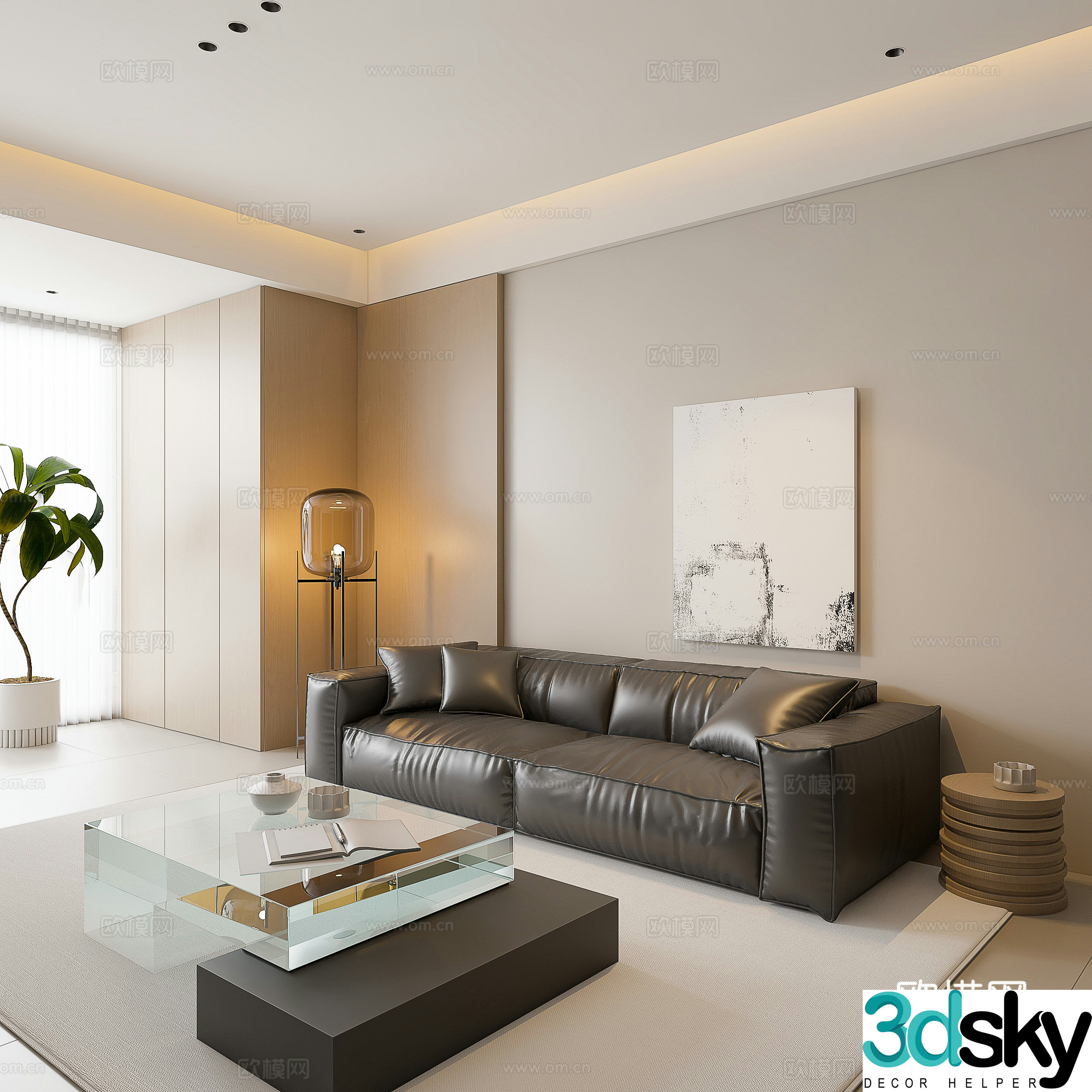 Three-person sofa tea table combination Tofu block sofa tea table Creamy style sofa tea table Lazy sofa set 3D model