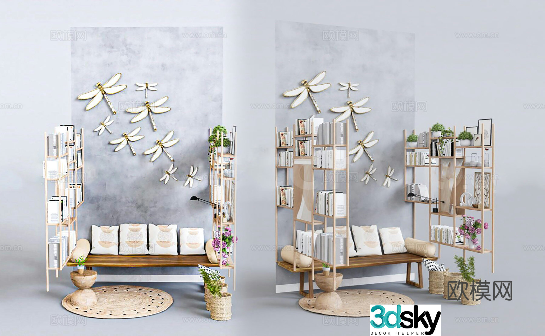 Modern open bookshelf Reading lounge area Creative shelf Study room furnishings Log bench tea 3d model