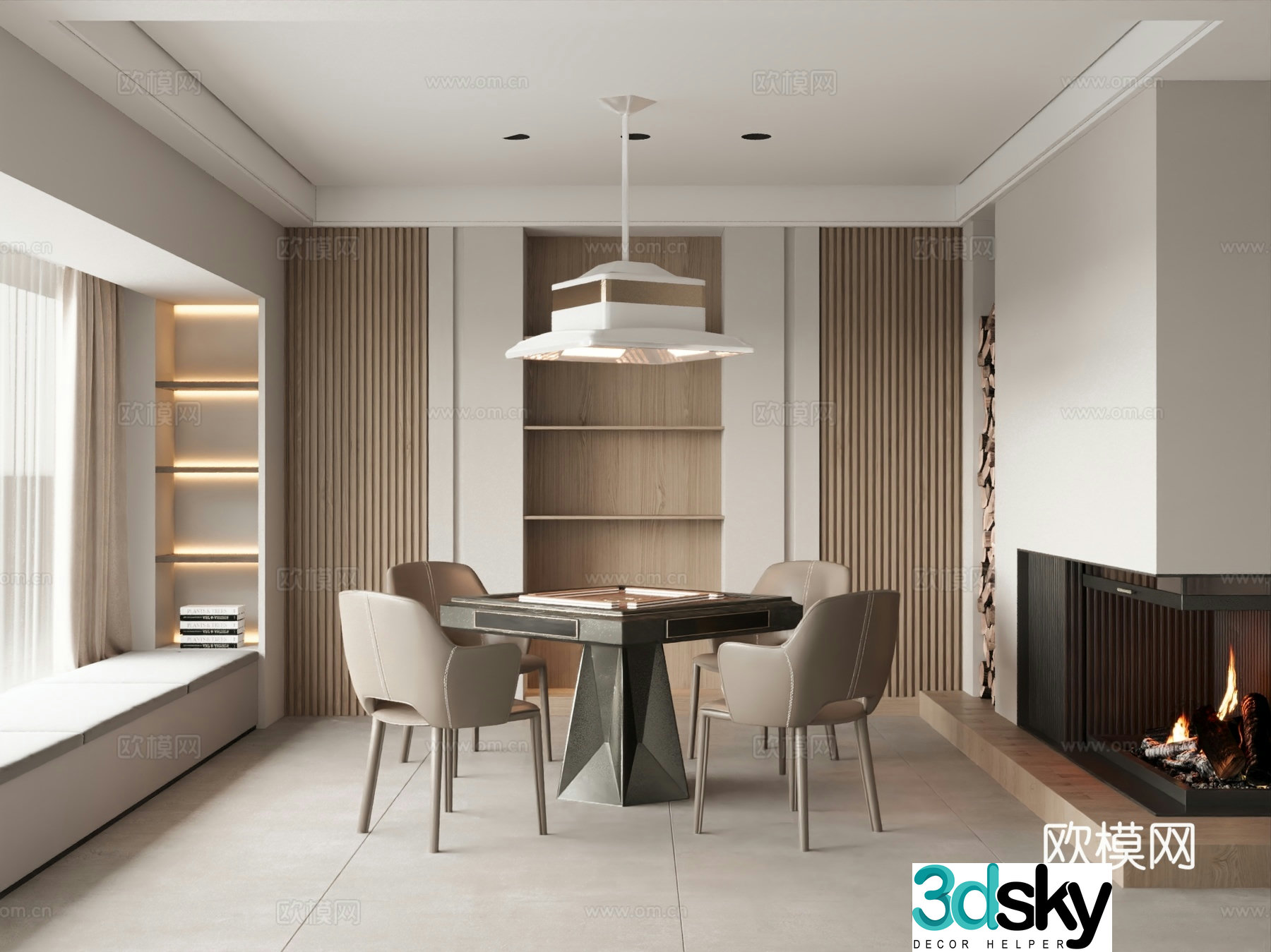 Modern chess and card room Mahjong table and chairs Fireplace Smoking lighting fixture 3d model