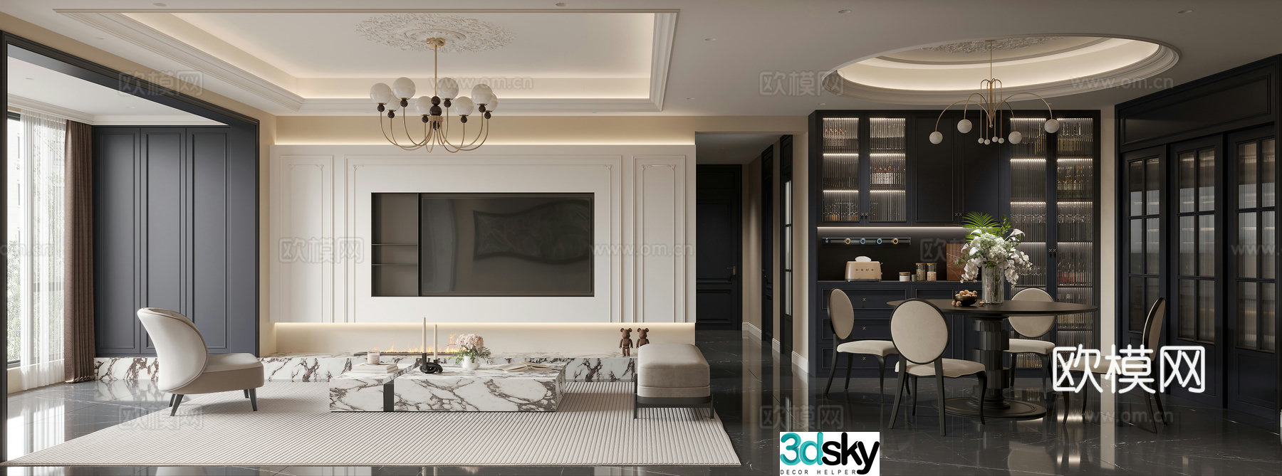 French living and dining room 3d model