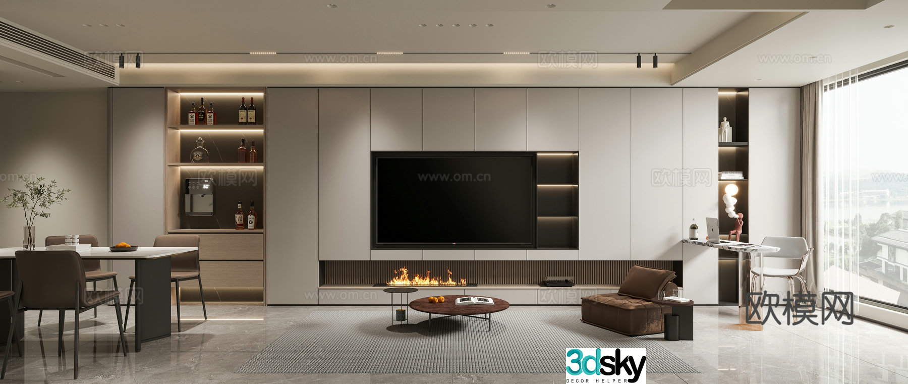 Modern living and dining room 3d model