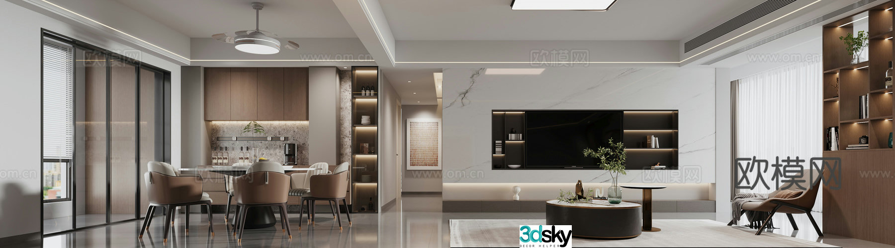 Modern living and dining room 3d model