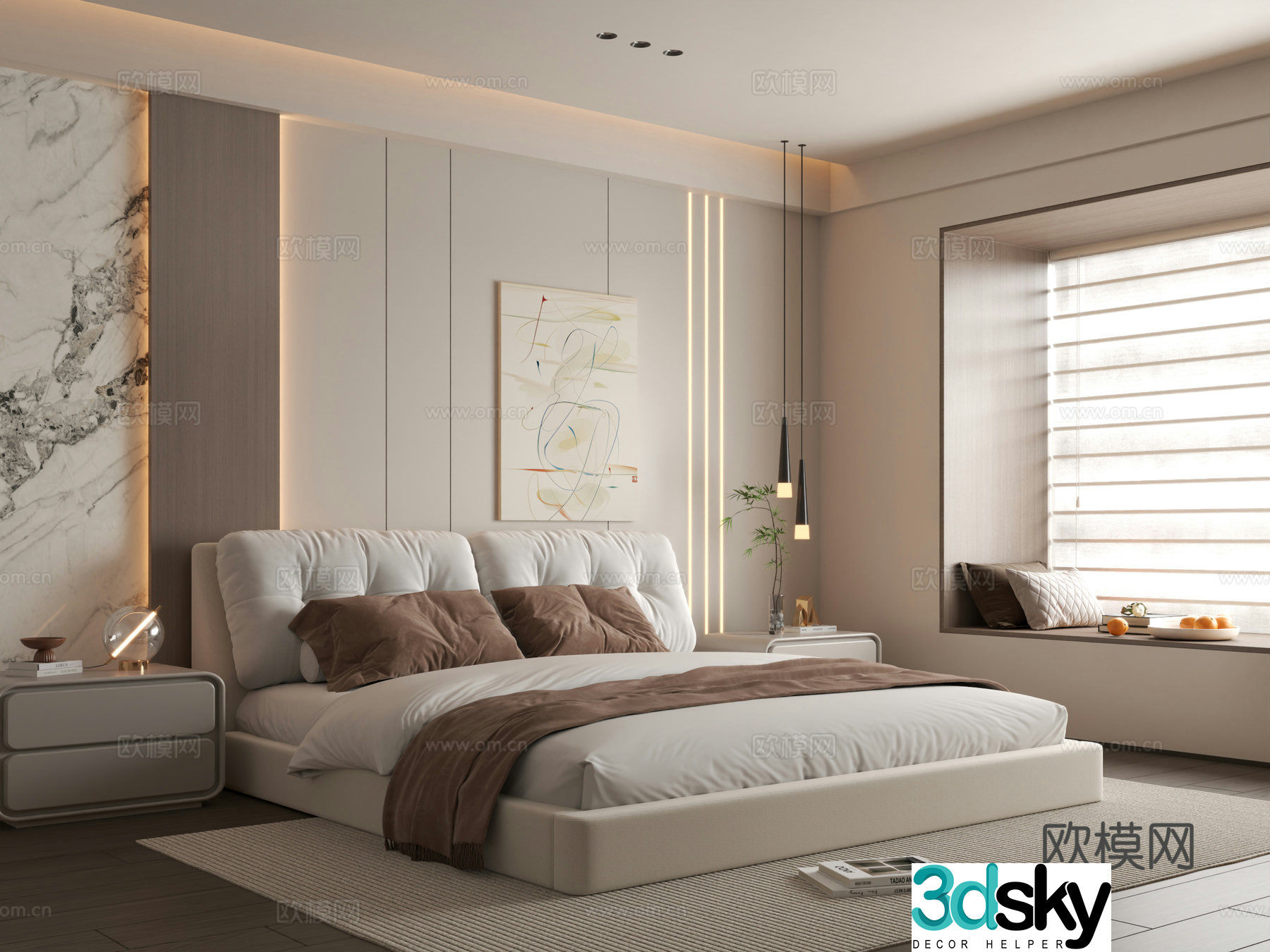 Modern bedroom Simple bedroom Bedroom Bedding combination Bedroom background wall 3d model