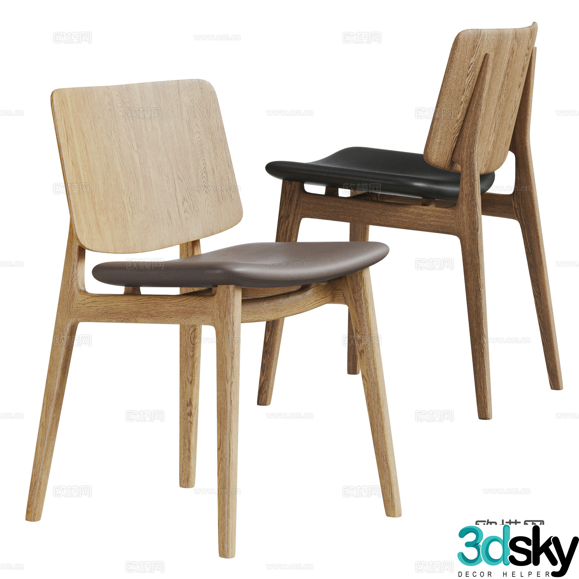 Nordic log style single chair combination dining chair wooden chair leather chair book chair 3d model