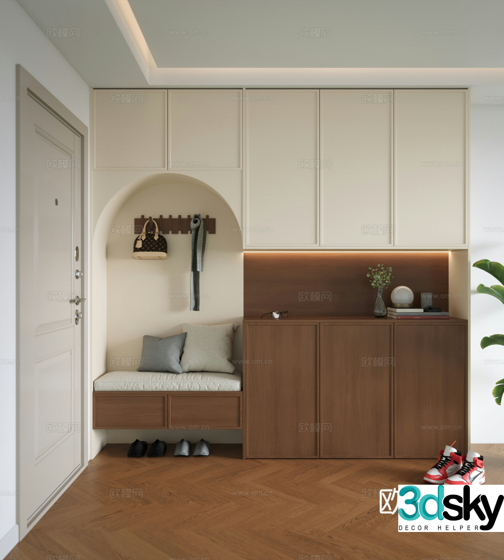 Middle-aged style shoe cabinet Middle-aged style home entrance shoe cabinet Middle-aged style shoe changing stool Middle-aged style invisible coat hook 3D model