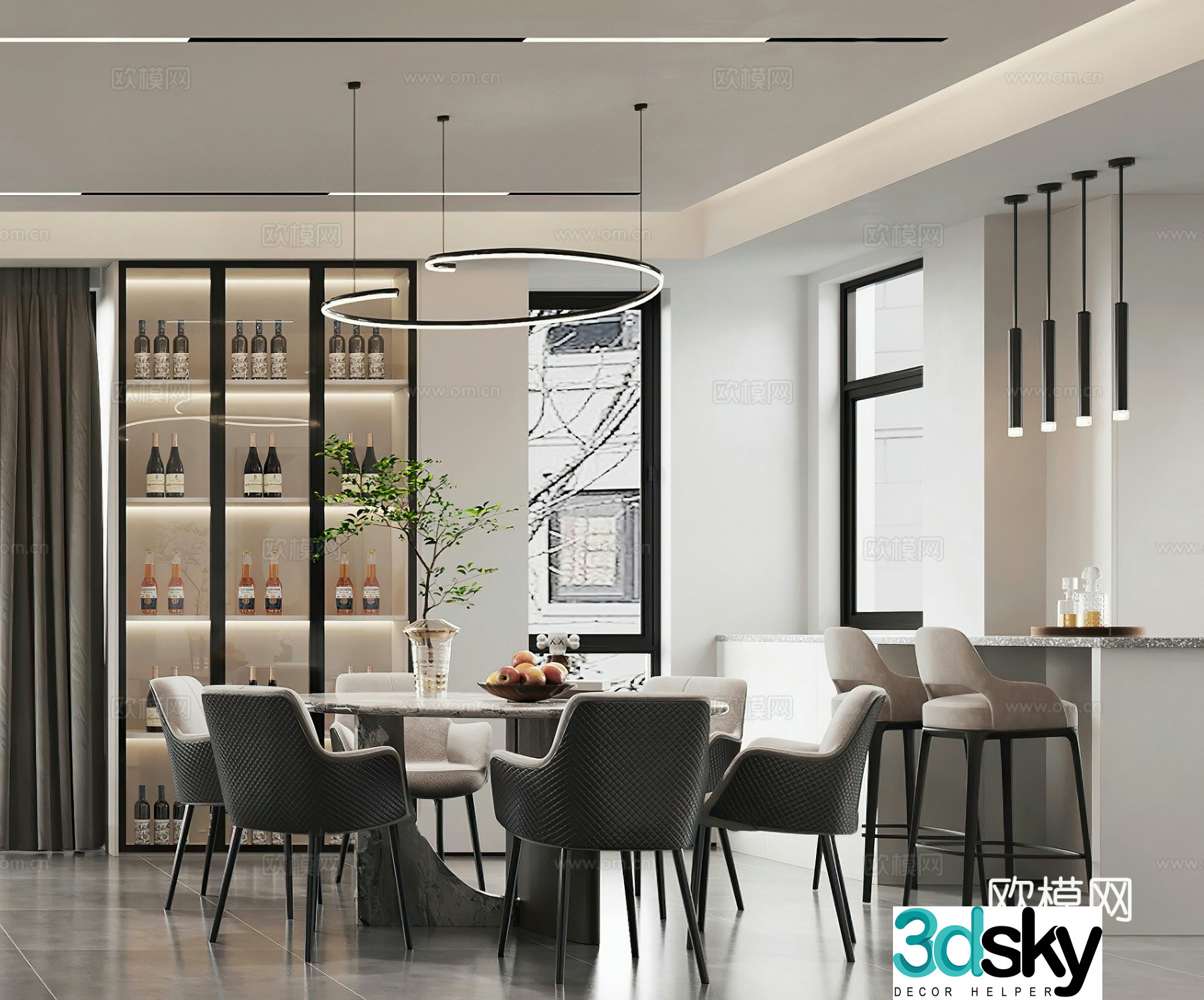 Modern restaurant Round dining table Bar Light luxury restaurant Italian restaurant Chandelier Wine cabinet 3D model