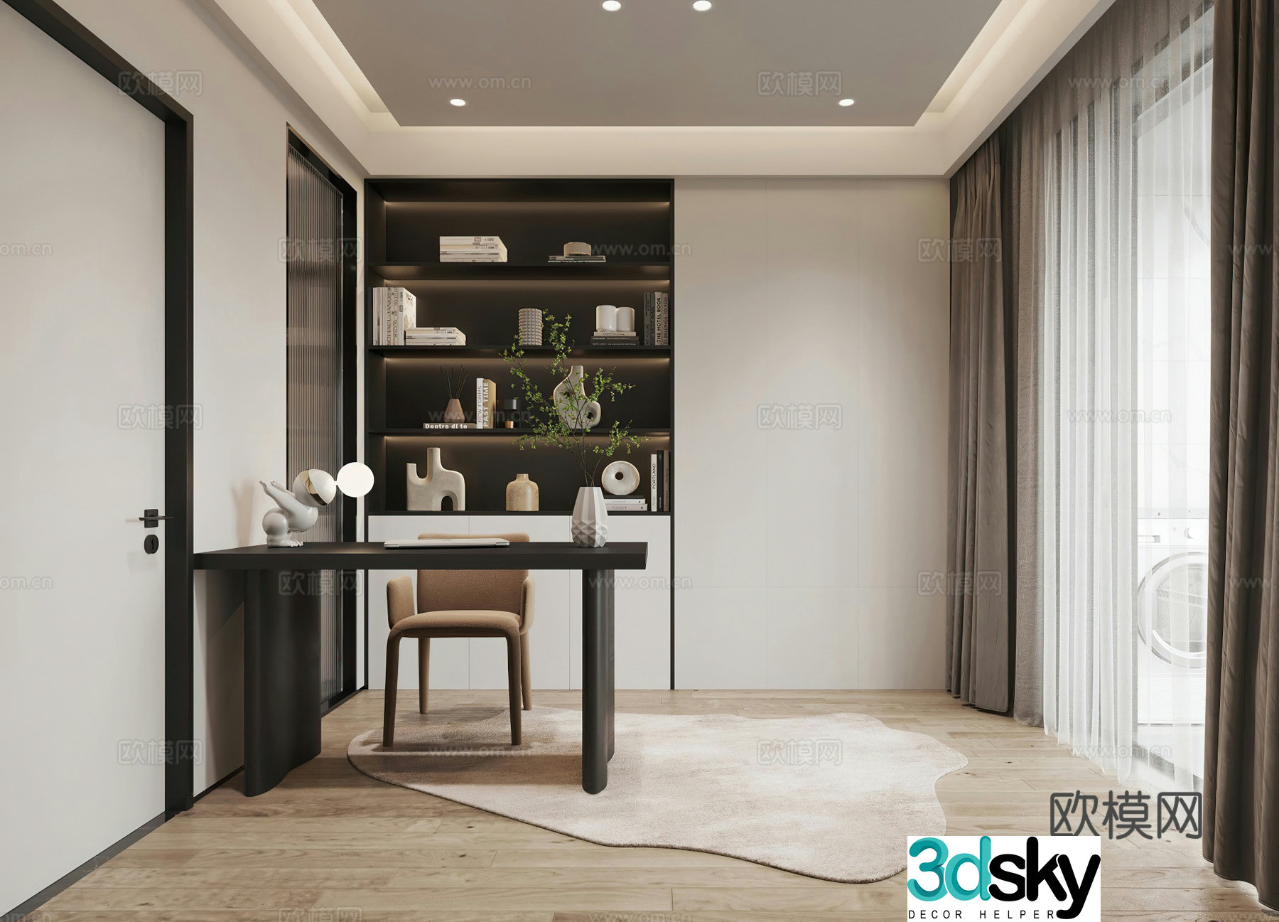 Modern study Italian study light luxury bookcase office desk black white gray 3D model