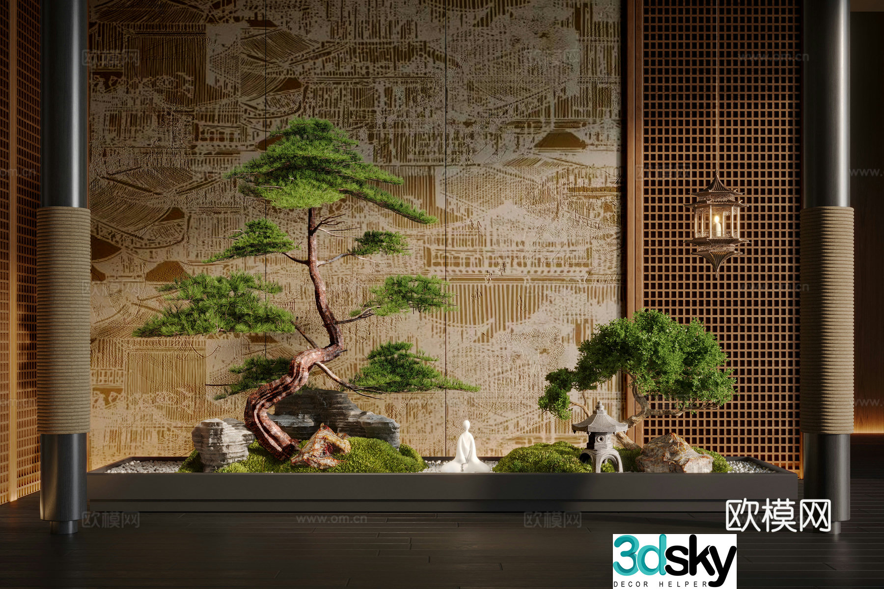 New Chinese style indoor landscape plant landscaping pine trees moss landscape stones 3D model