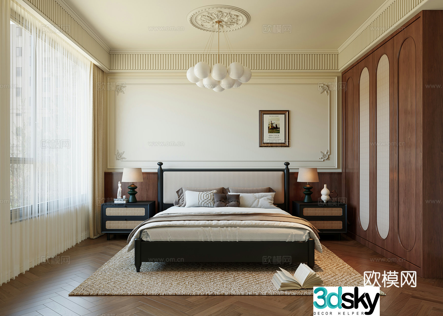 French medieval bedroom bed wardrobe bedside table chandeliers hanging painting 3d model