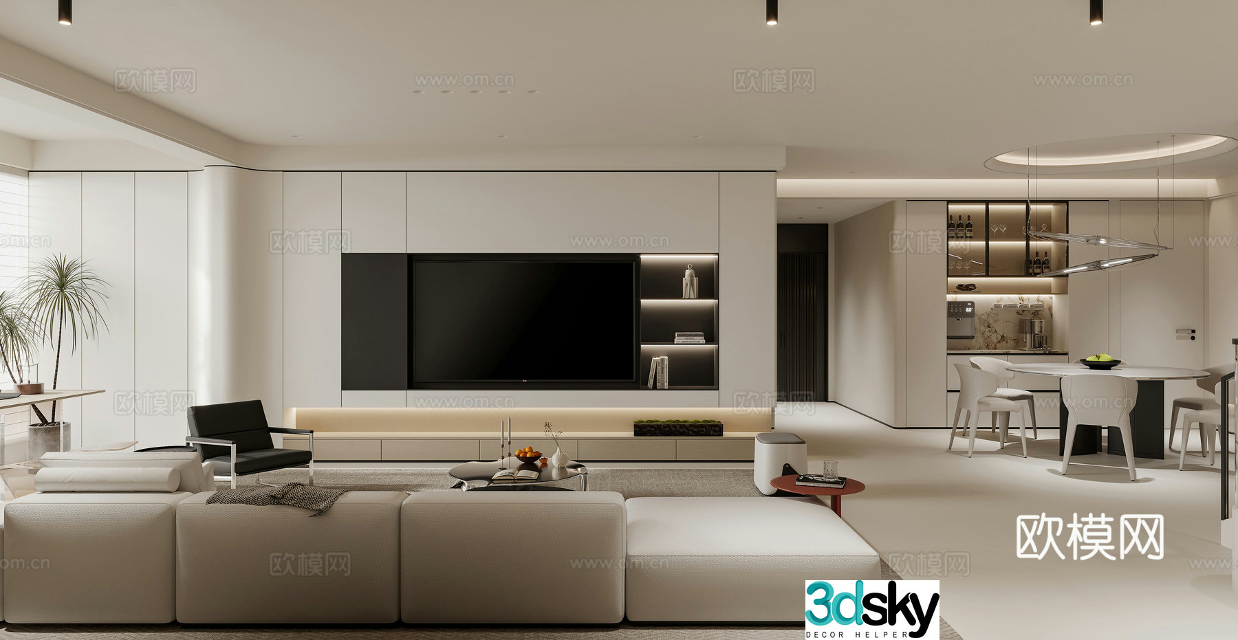 Modern living and dining room 3d model