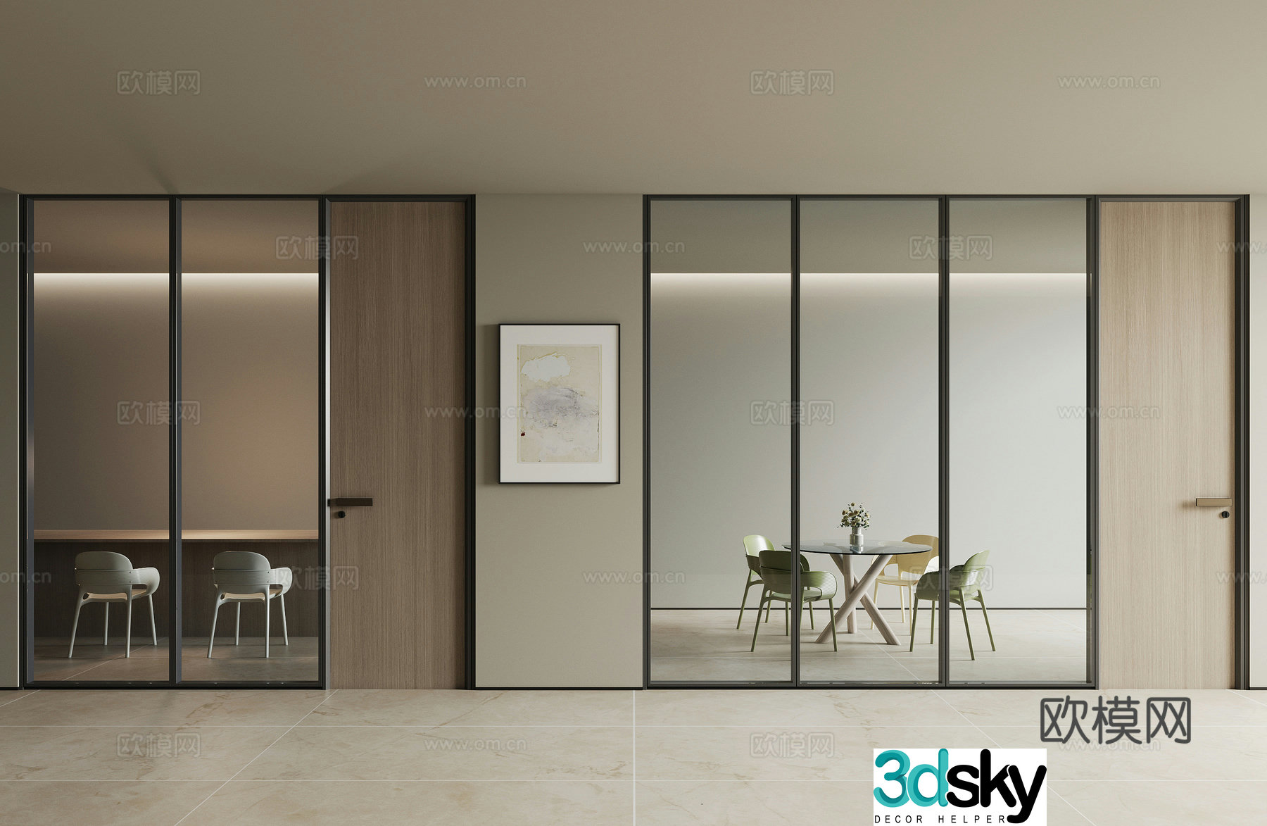 Modern office glass partition door wooden door negotiation table and chair decorative painting 3d model