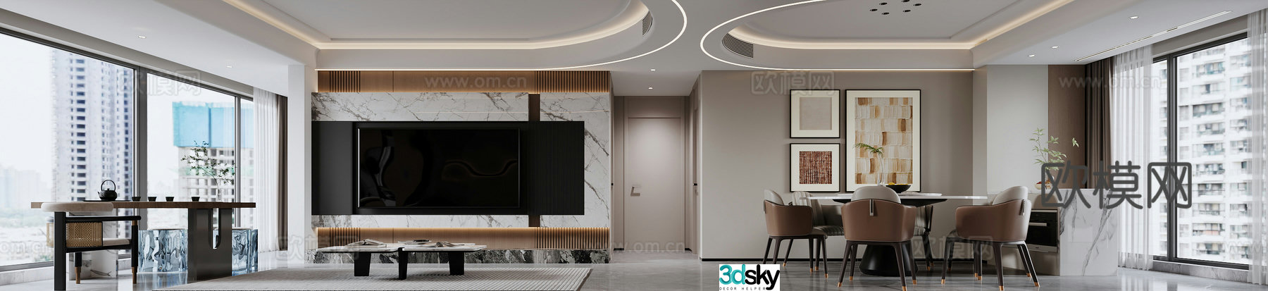 Modern living and dining room 3d model