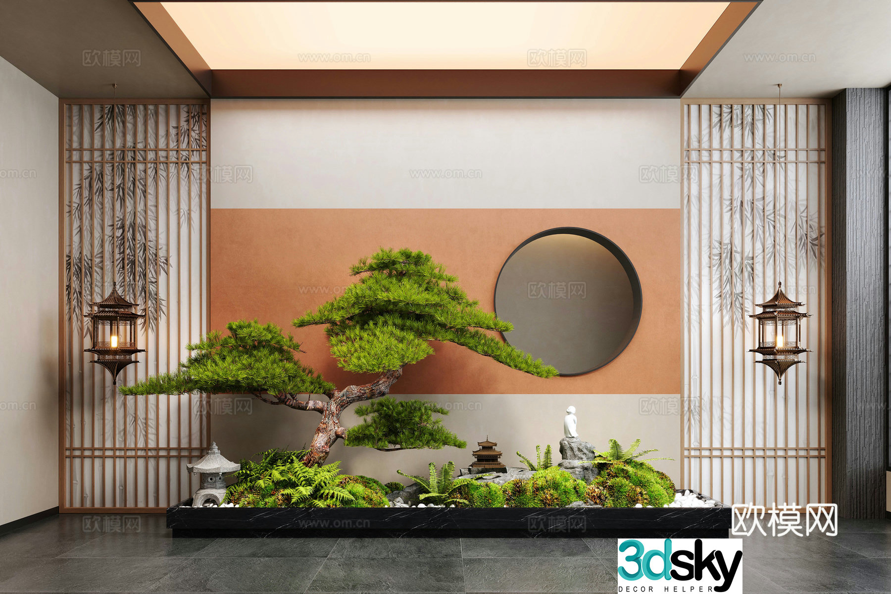 New Chinese style interior landscape plant landscaping pine moss landscape stone 3D model