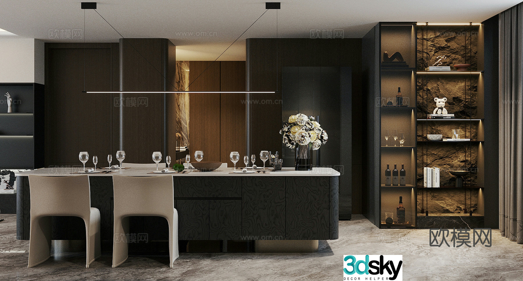 Italian light luxury home restaurant island restaurant marble dining table kitchen restaurant long table restaurant 3d model
