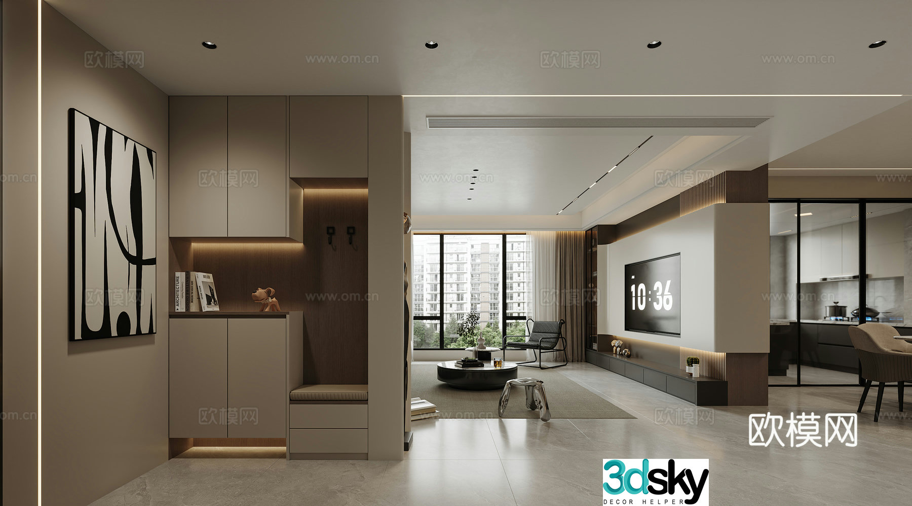 Modern living and dining room panoramic view Living room Dining room Hanging paintings Chandelier Decoration cabinet 3d model