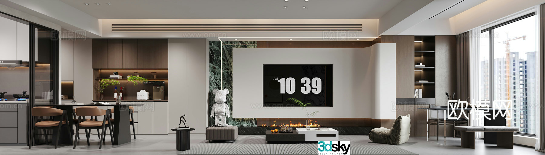 Modern living and dining room 3d model