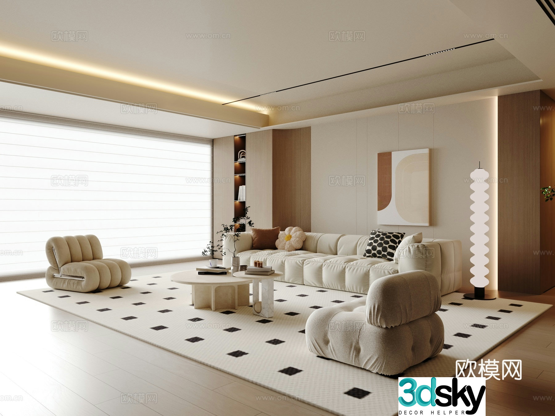 Modern cream home living room 3d model