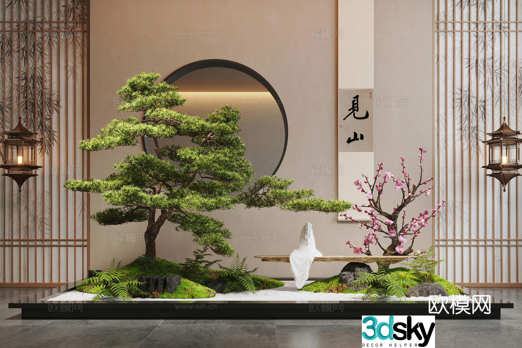 New Chinese style interior landscape plant landscaping pine moss landscape stone 3D model