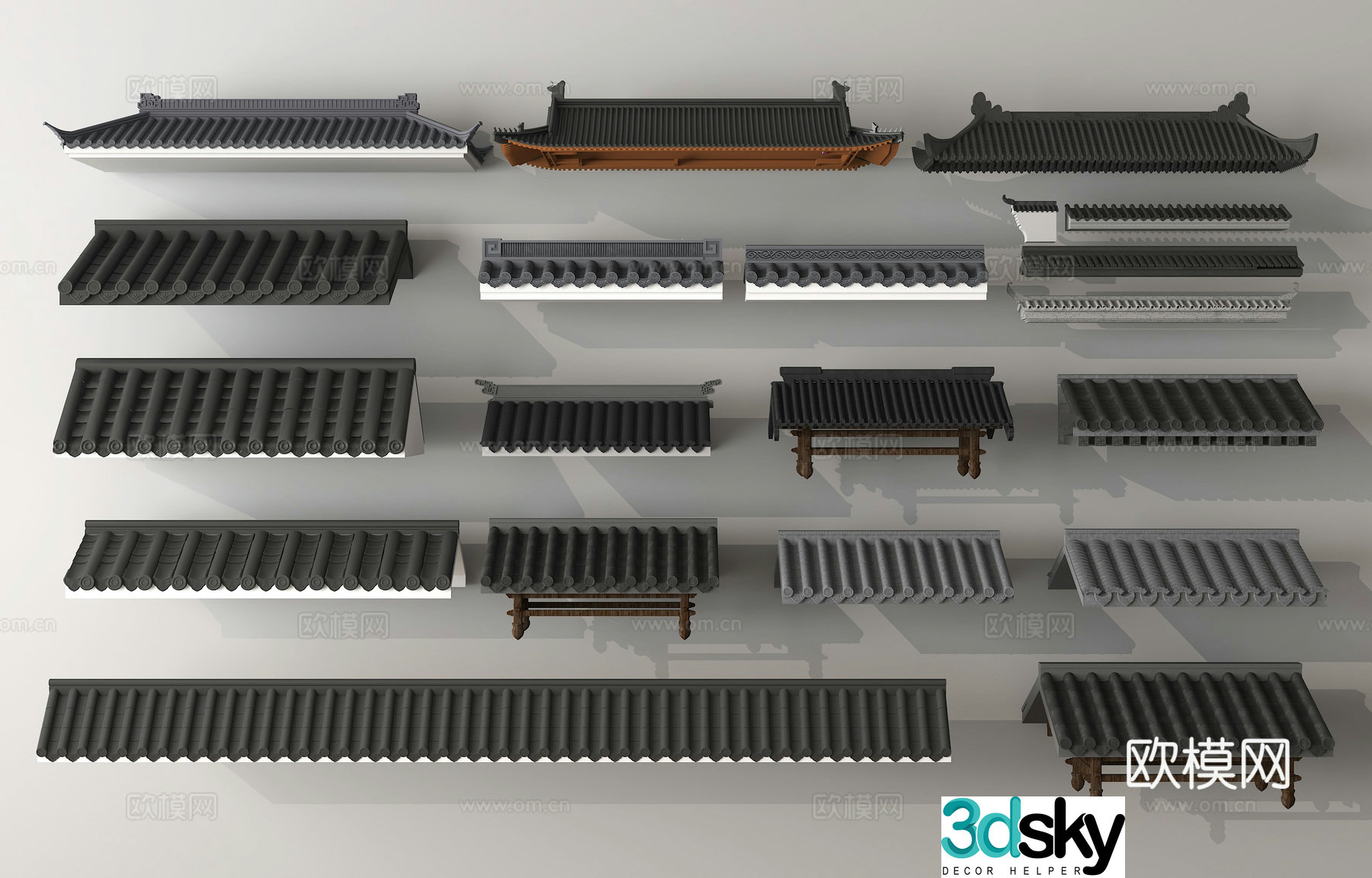 Chinese eaves roof tiles roof ridge 3d model