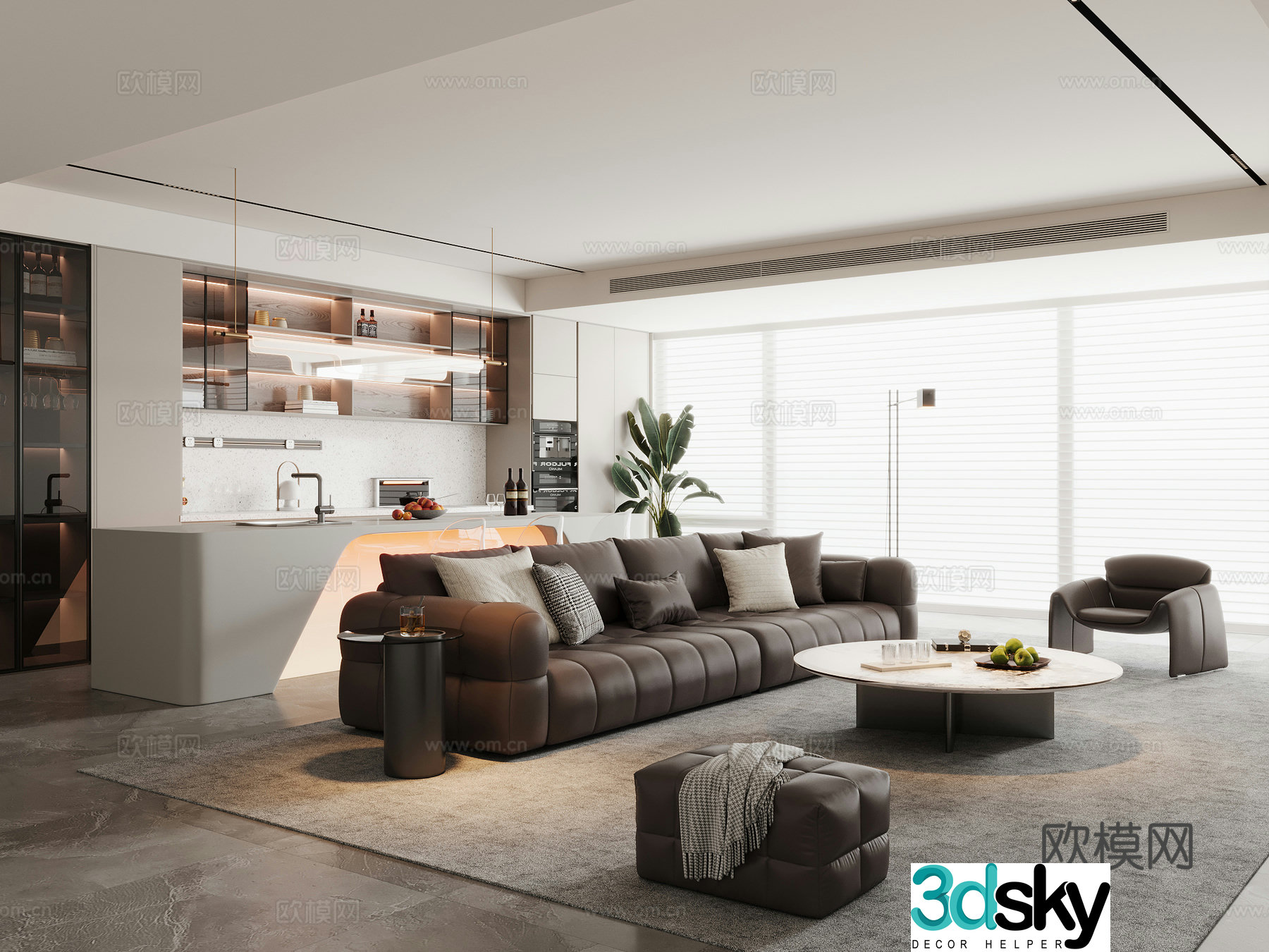 Modern living and dining room horizontal hall sofa and coffee table combination sofa chair dining table and chair sideboard wine cabinet 3d model