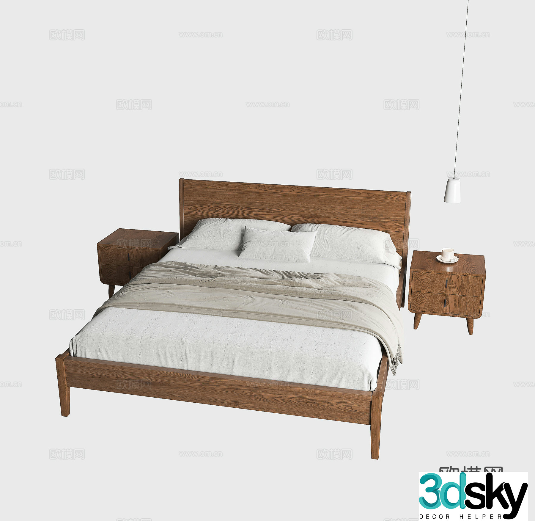 Nordic bed Japanese style bed Medium style bed Modern solid wood bed Bedside chandelier Bedside table 3D model