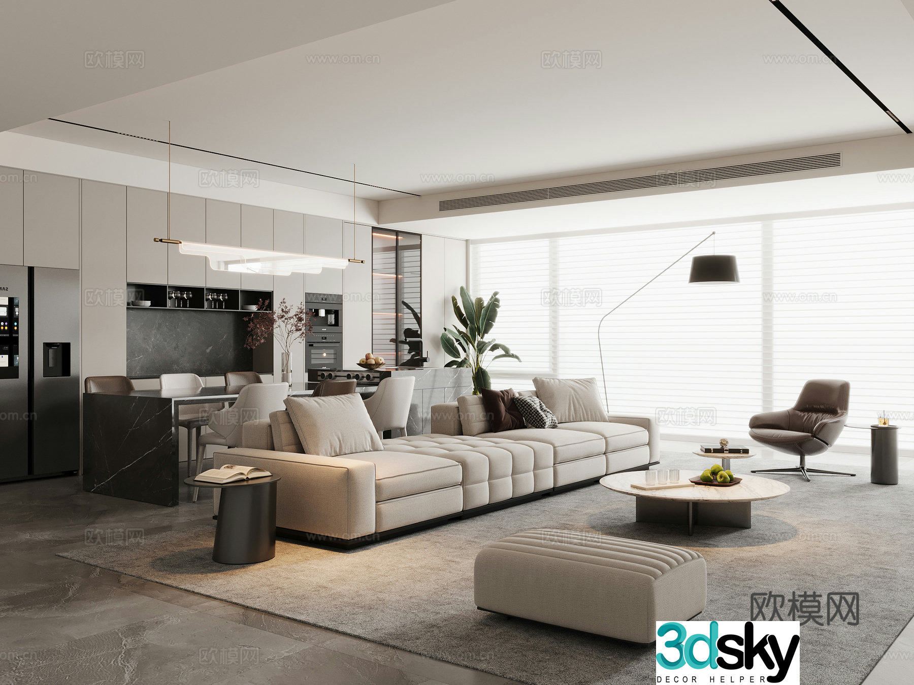 Modern living and dining room horizontal hall sofa and coffee table combination sofa chair dining table and chair sideboard wine cabinet 3d model