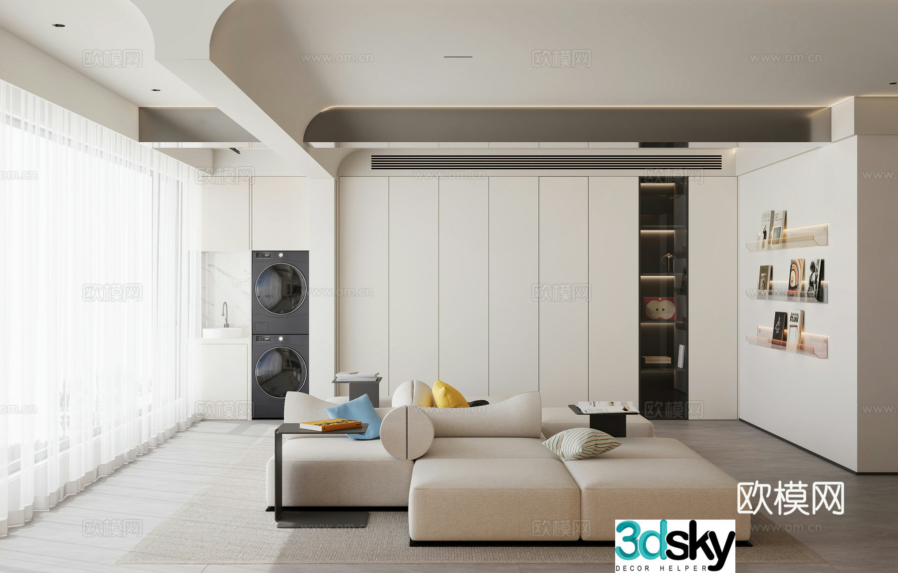 Modern living and dining room combination sofa simple creamy living room modern living and dining room washing machine 3d model