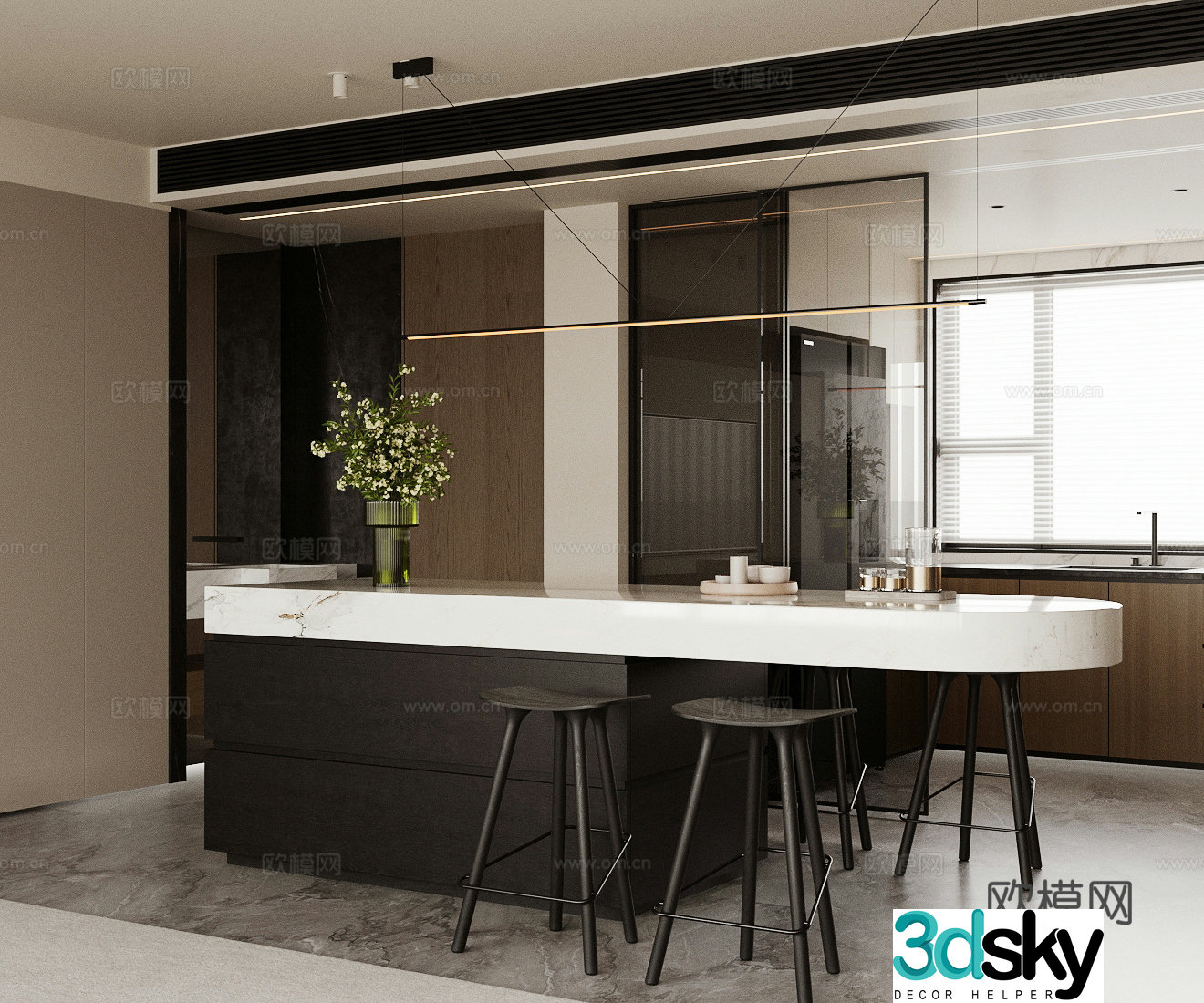Modern home restaurant Island restaurant Marble dining table Kitchen restaurant Long table restaurant Dining chair 3d model