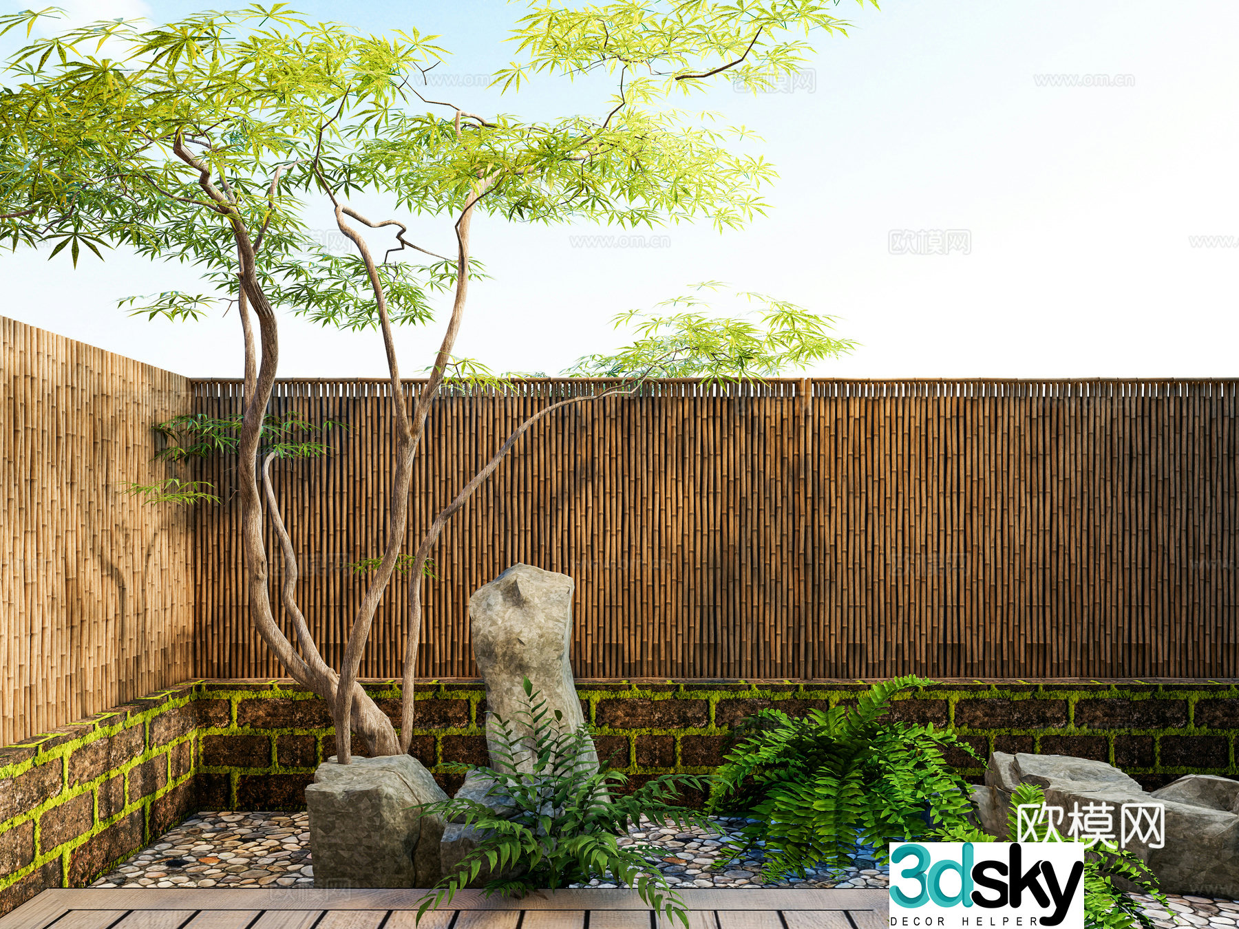 New Chinese style Japanese Zen courtyard landscape Green maple tree Solitary place of mountain stones Bamboo fence Bamboo green 3D model