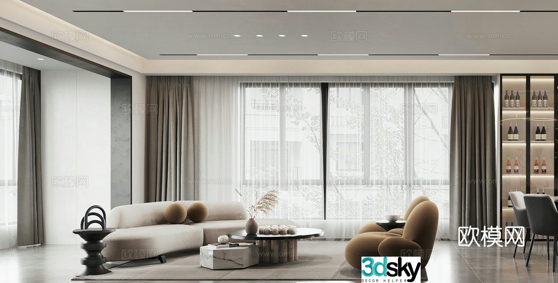 Modern living and dining room round dining table bar leisure chair modern living room light luxury Italian living room 3d model