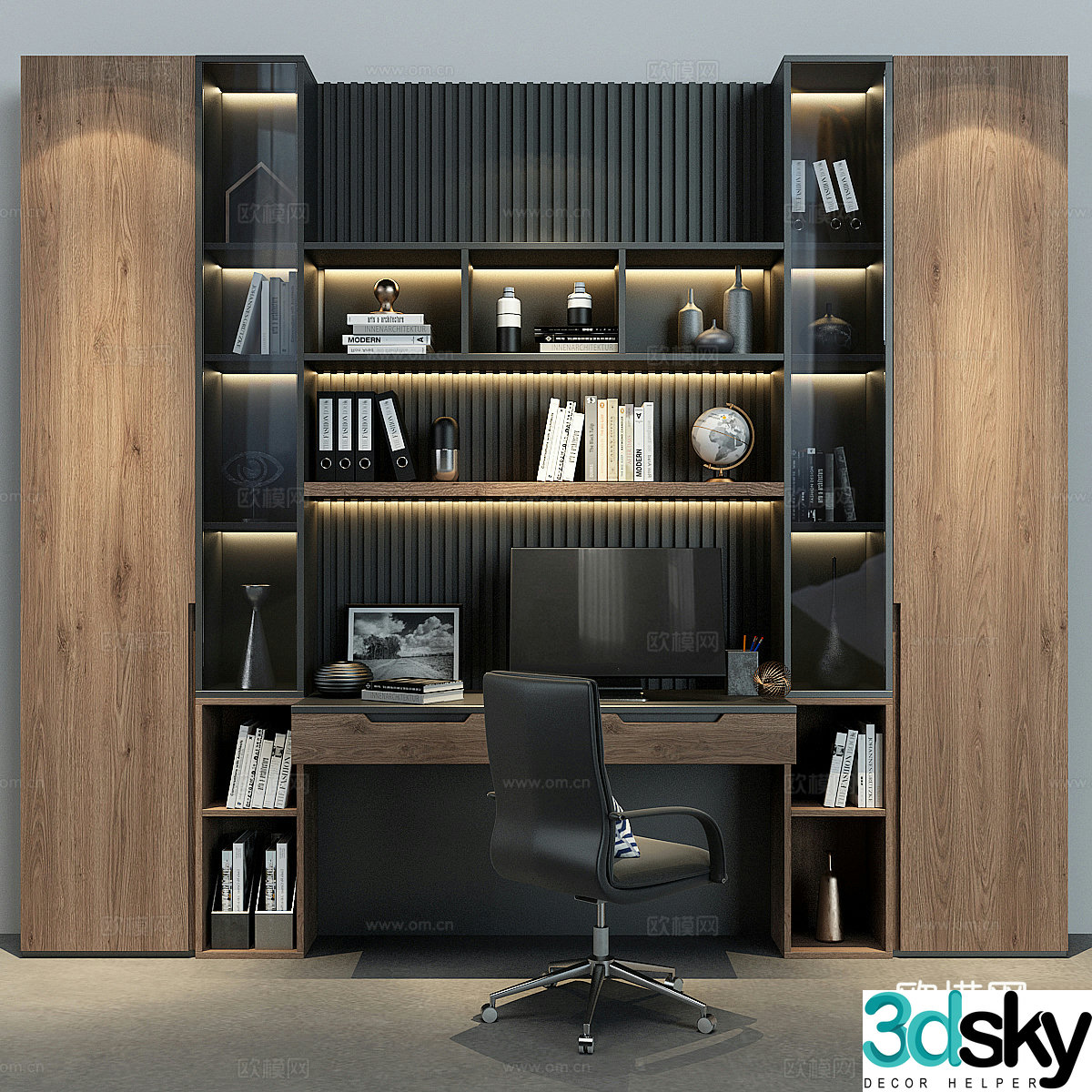 3d model of desk chair and cabinet