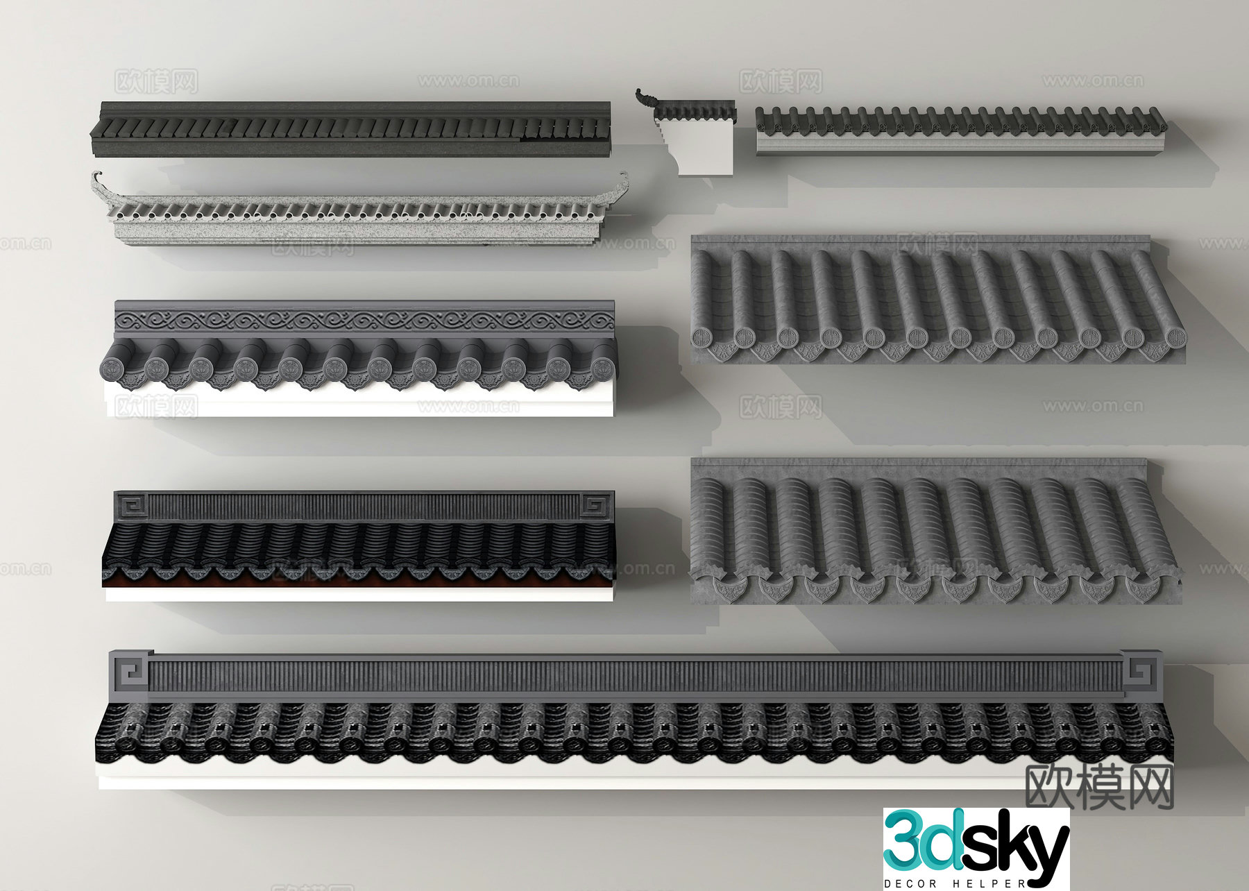 Chinese eaves roof tiles roof ridge 3d model