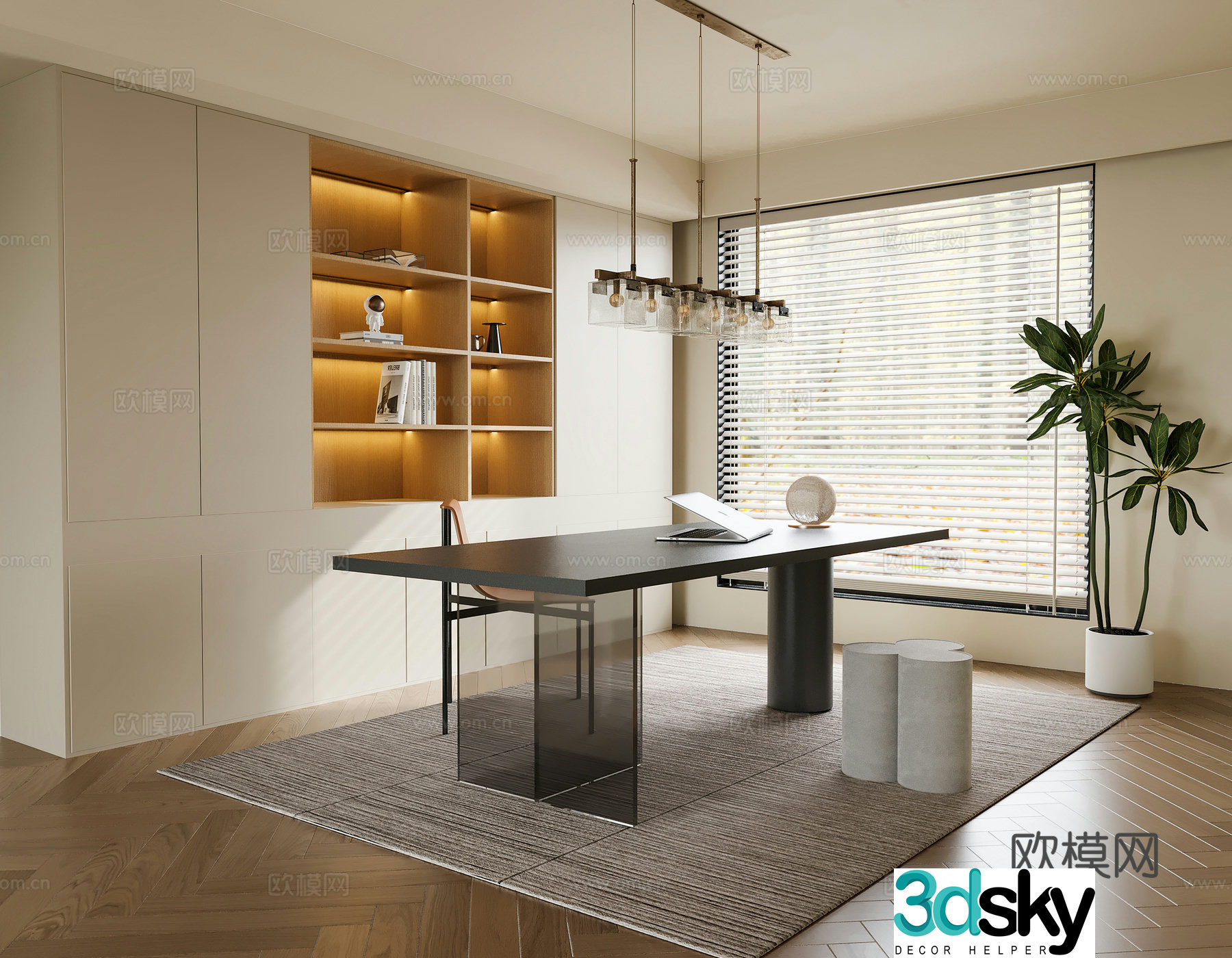 Modern study creamy style study simple study simple desk modern desk office desk 3D model
