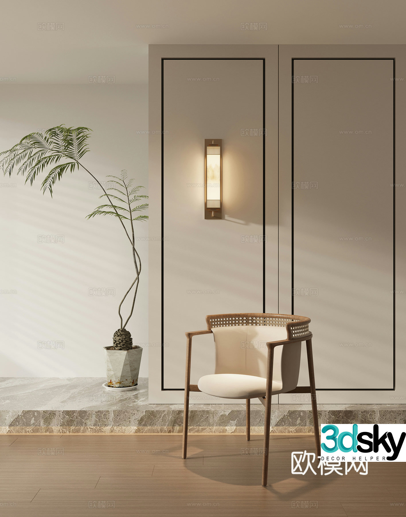 New Chinese style Zen single chair dining chair wall lamp book chair 3d model