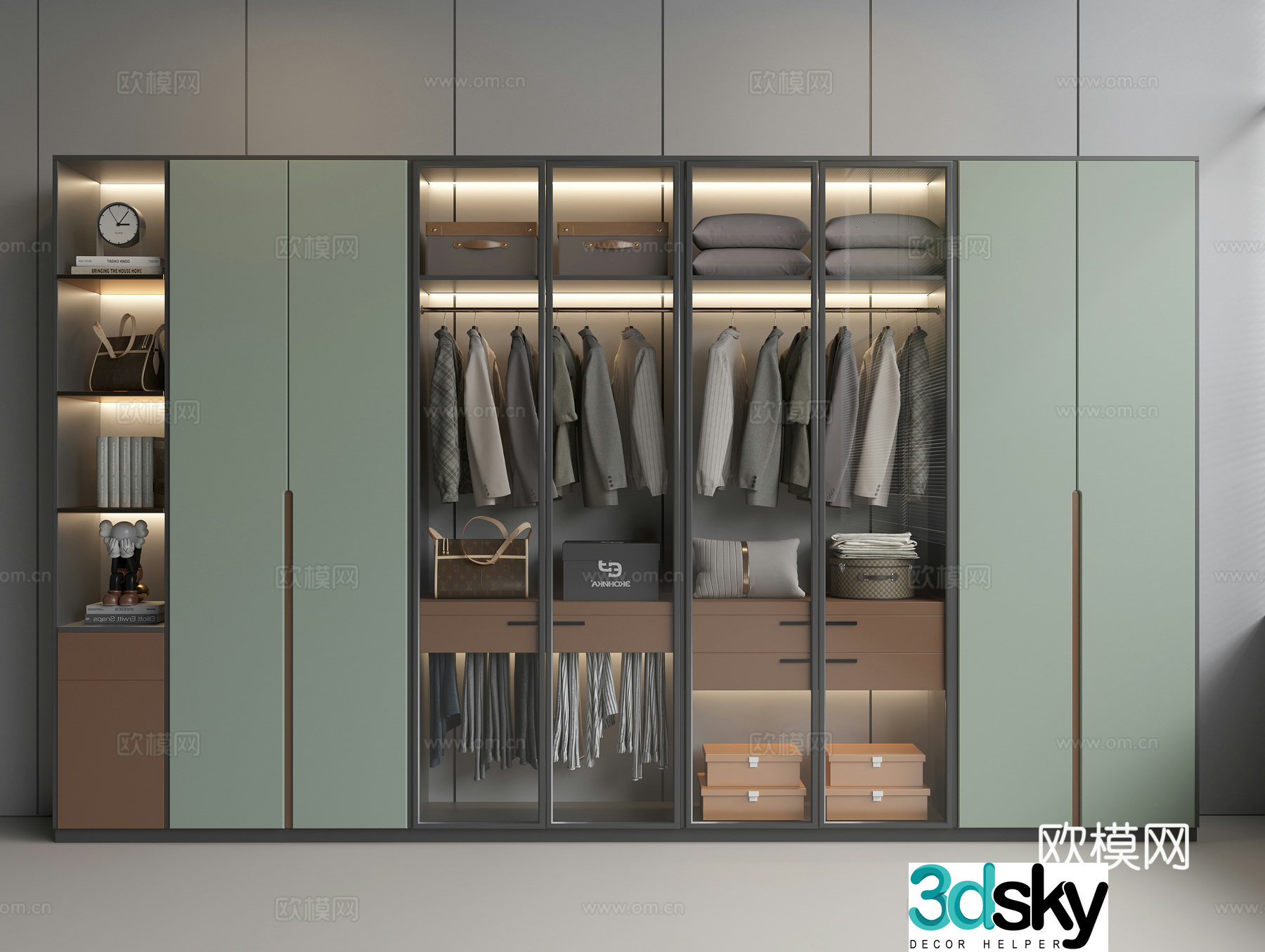 Modern wardrobe glass door wardrobe decorative cabinet clothing handbag pillow jewelry ornaments 3D model