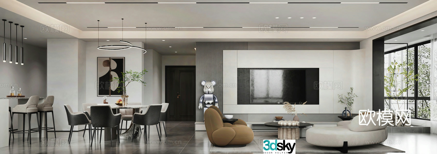 Modern living room and dining room TV background wall round dining table bar lounge chair modern living room light 3d model