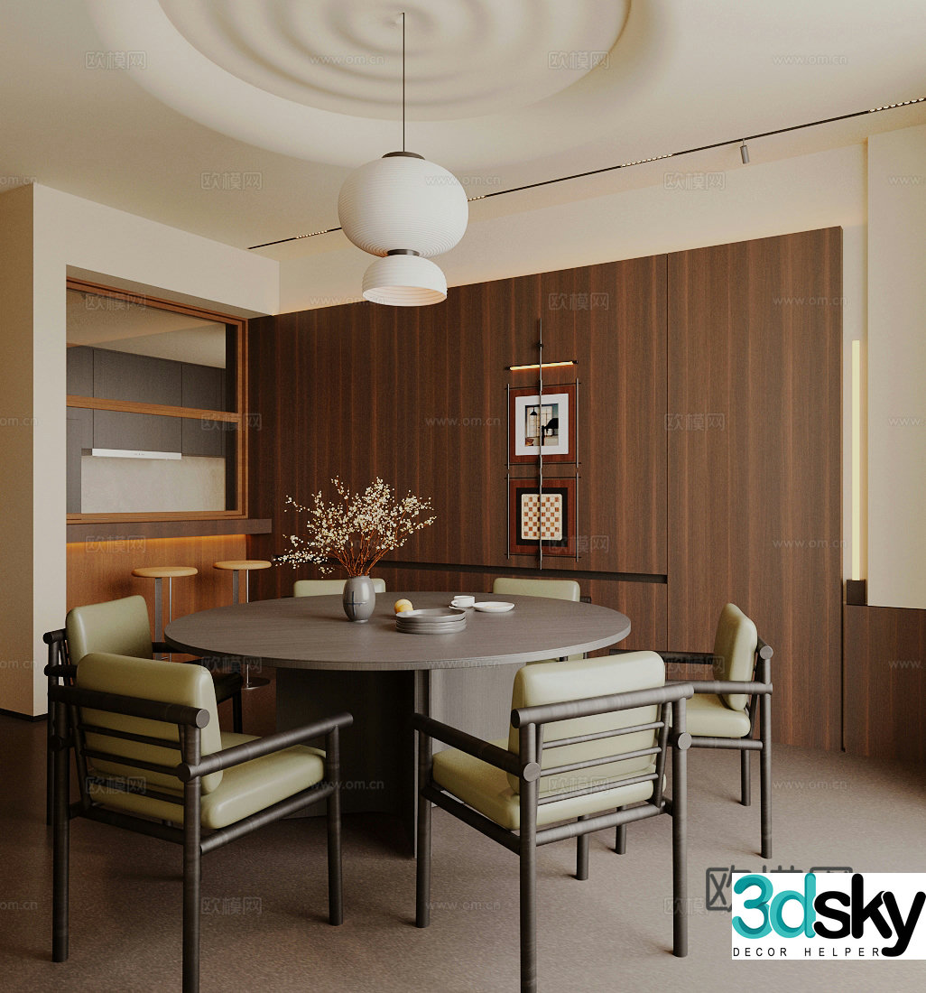 Middle style home restaurant round table restaurant open restaurant restaurant kitchen retro style restaurant 3d model