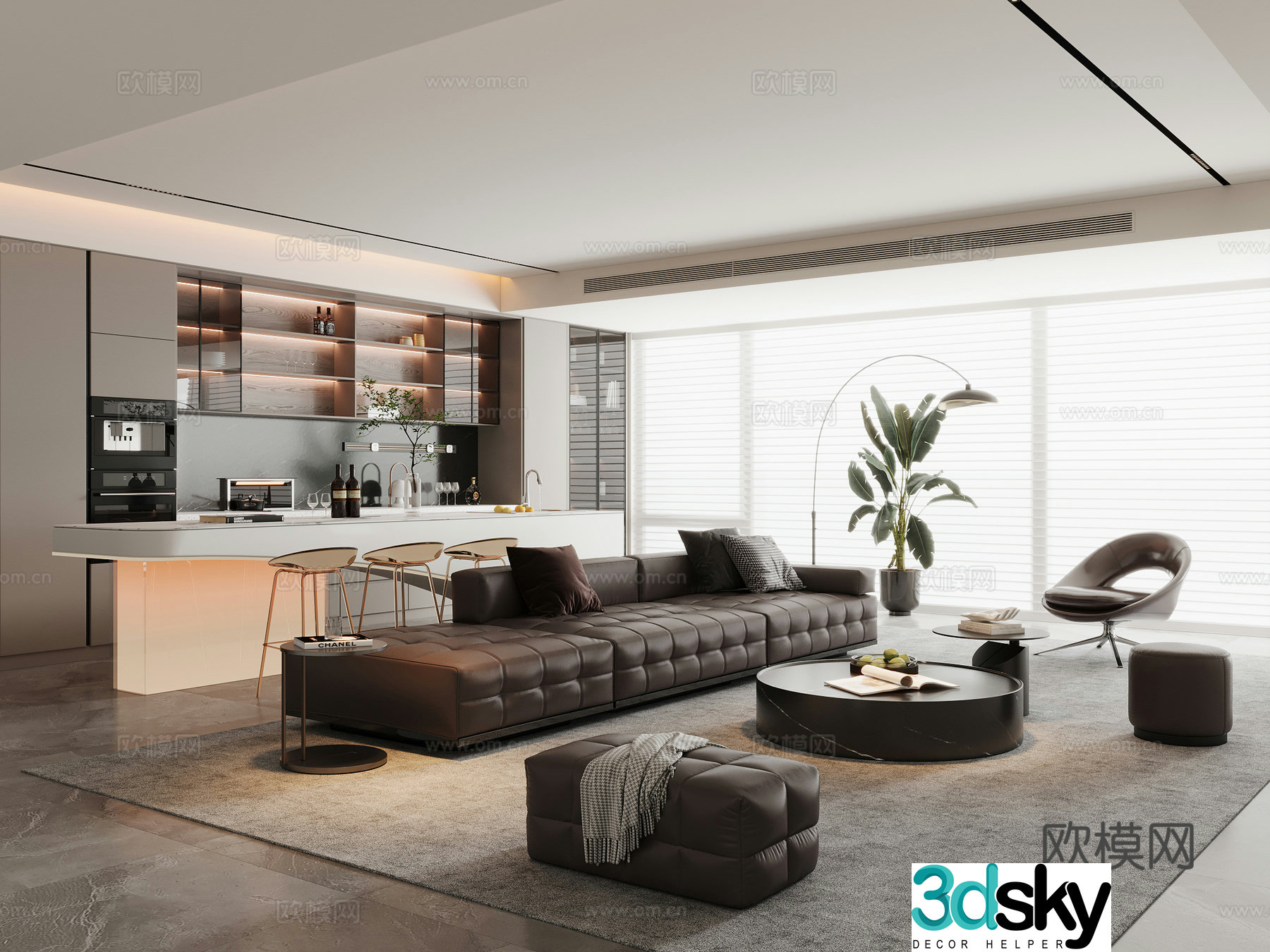 Modern living and dining room horizontal hall sofa and coffee table combination sofa chair dining table and chair sideboard wine cabinet 3d model