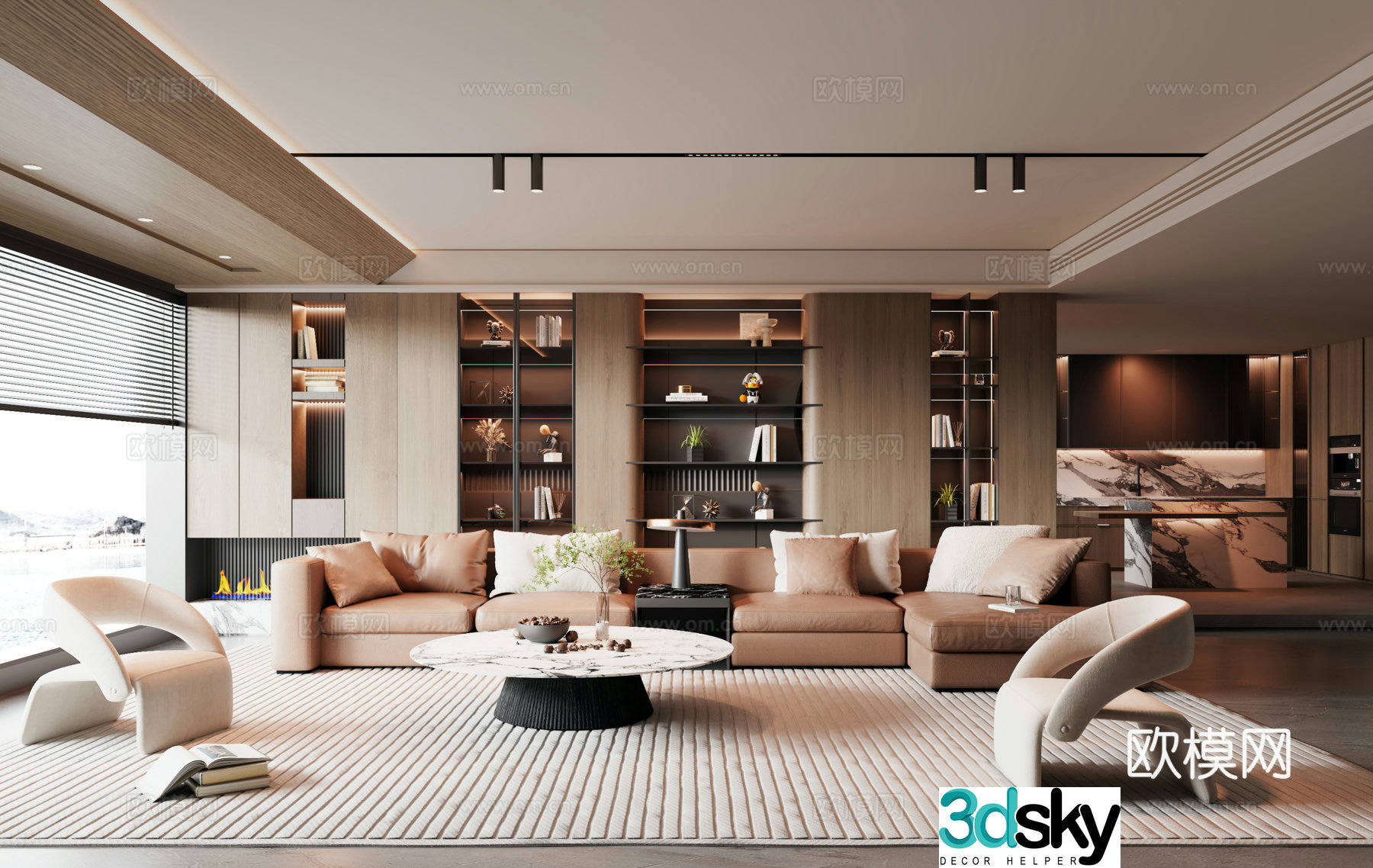 Modern Italian dining room decorative bookcase background wall sofa coffee table combination spotlight island cabinet 3d model