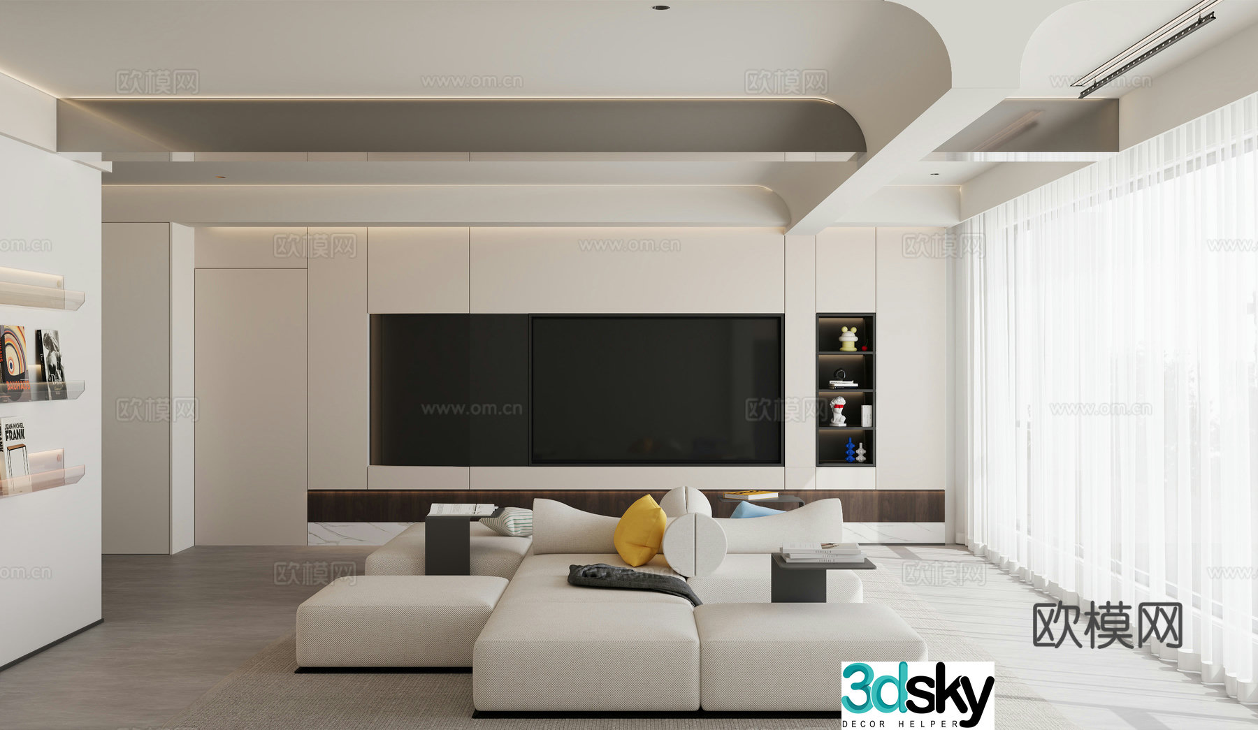 Modern living and dining room TV background wall TV cabinet simple creamy living room modern living and dining room 3d model